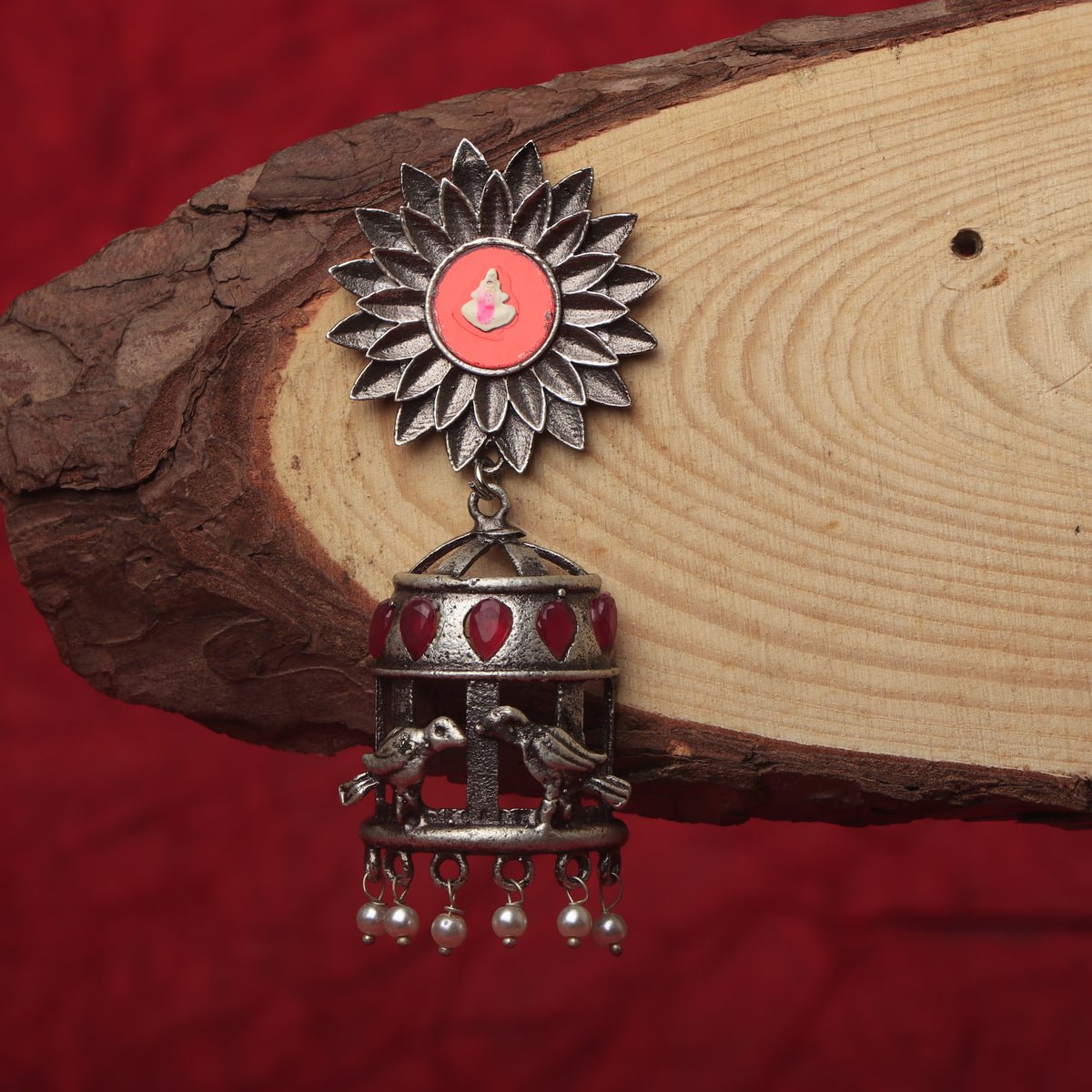 RIYA SILVER LOOK ALIKE SEMI HANDMADE ENAMEL JHUMKA ER183