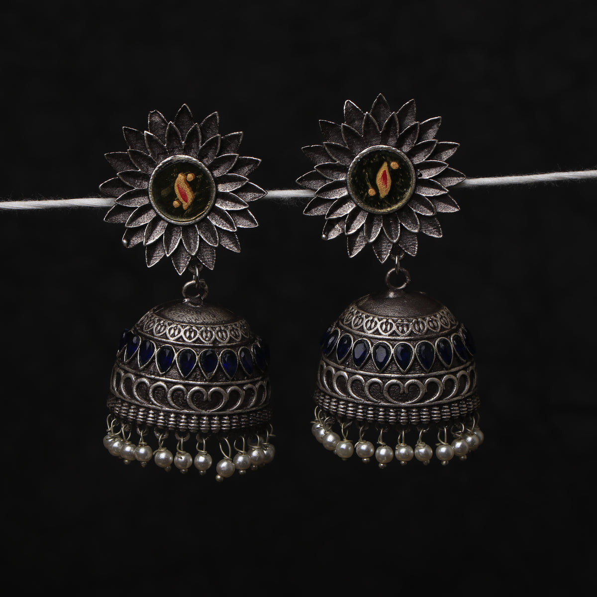 RIYA SILVER LOOK ALIKE SEMI HANDMADE ENAMEL JHUMKA ER183