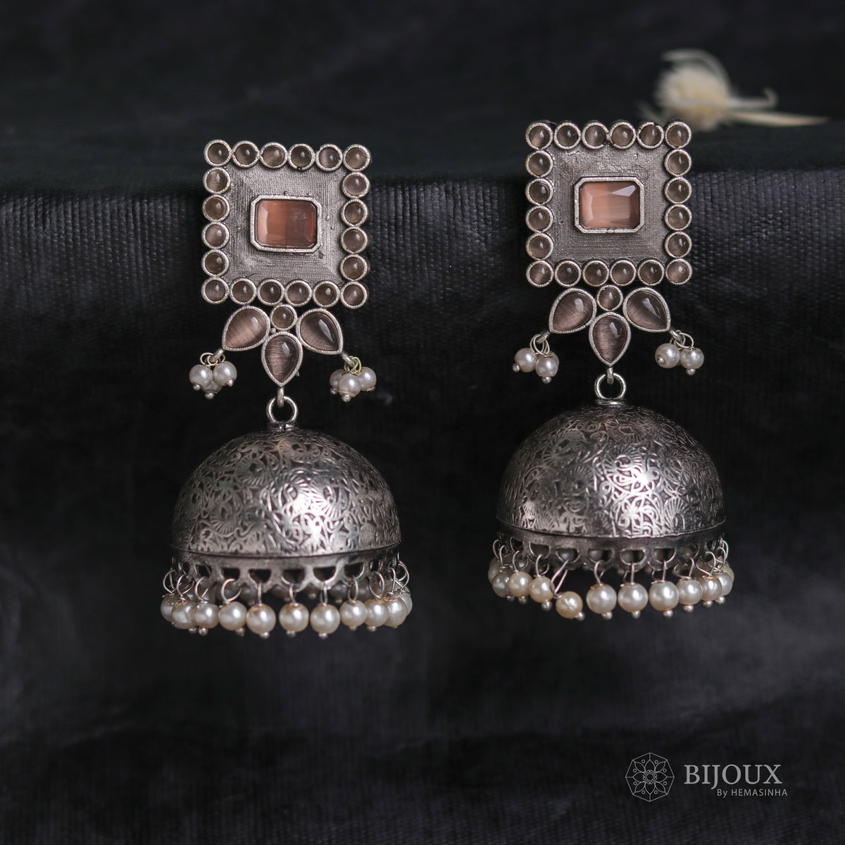 ROYAL SQUARE ELEGANCE FAUX SILVER SEMI-HANDMADE JHUMKAS ER36