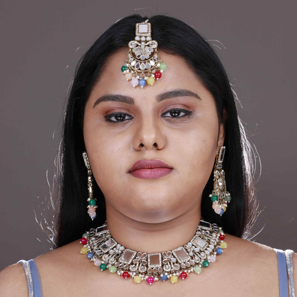 VARDHANA MIRROR SEMI HANDMADE NECKLACE WITH EARRING AND TIKKA NL204