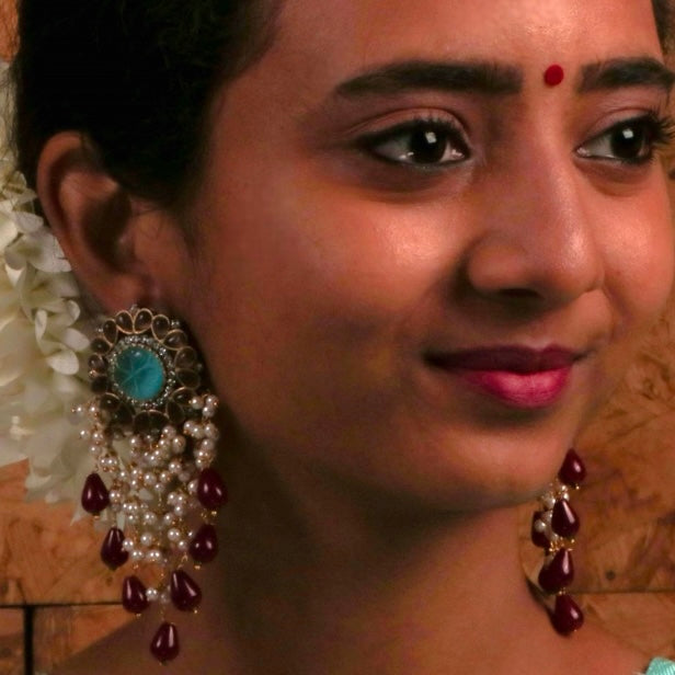 JHANSI CARVING STONES HANDMADE BEADED GOLD-TONED EARRING -ER93