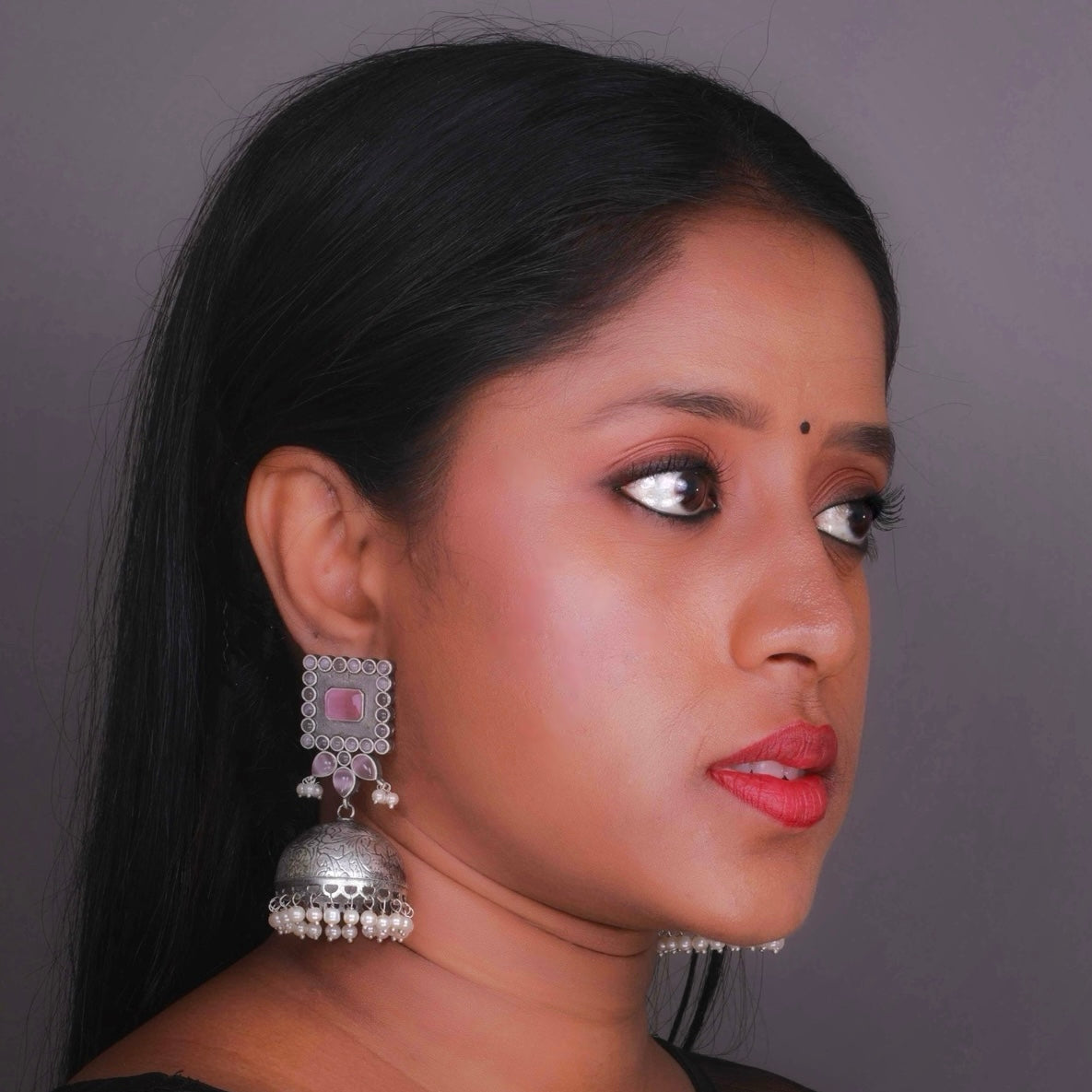 ROYAL SQUARE ELEGANCE FAUX SILVER SEMI-HANDMADE JHUMKAS ER36