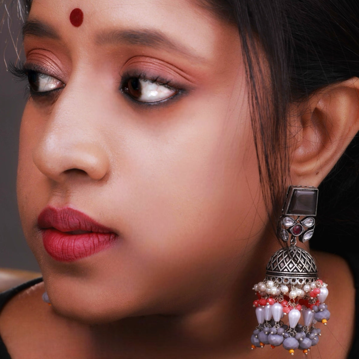 CUBIC CHARISMA SQUARE MONALISA STONE  SEMI-HANDMADE JHUMKA ER50