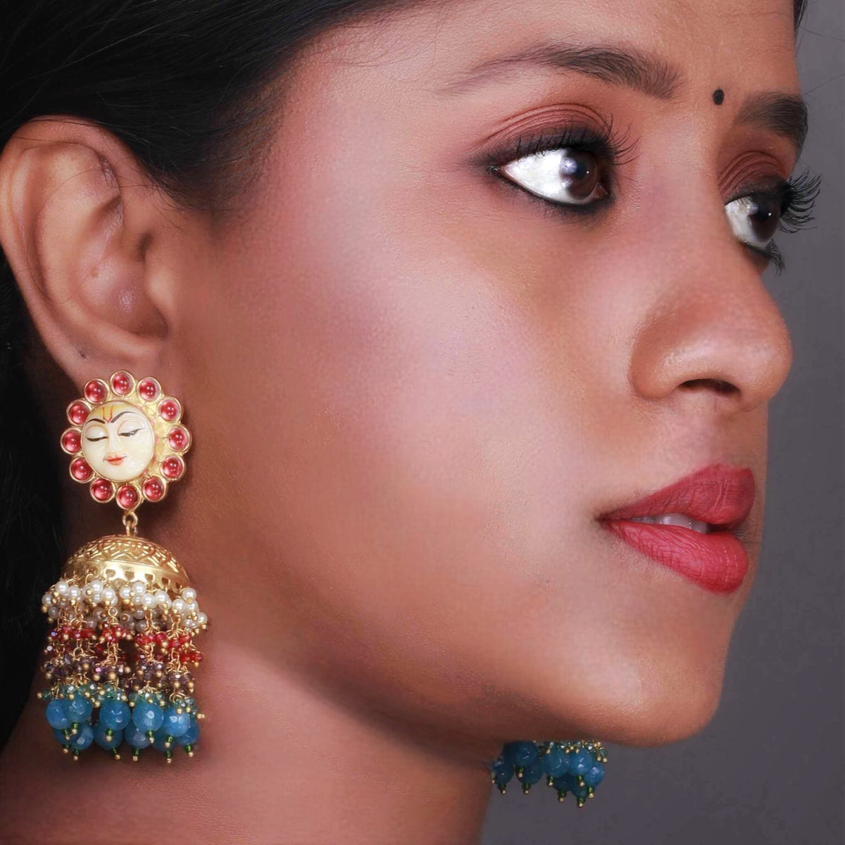 SUNFLOWER SEMI HANDMADE BEADEDJHUMKAS EARRING WITH BEADS ER90