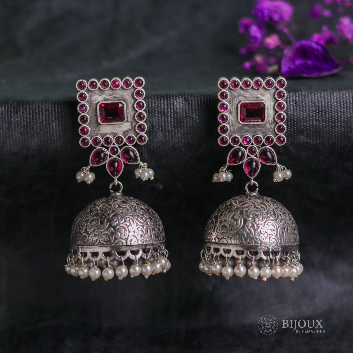 ROYAL SQUARE ELEGANCE FAUX SILVER SEMI-HANDMADE JHUMKAS ER36