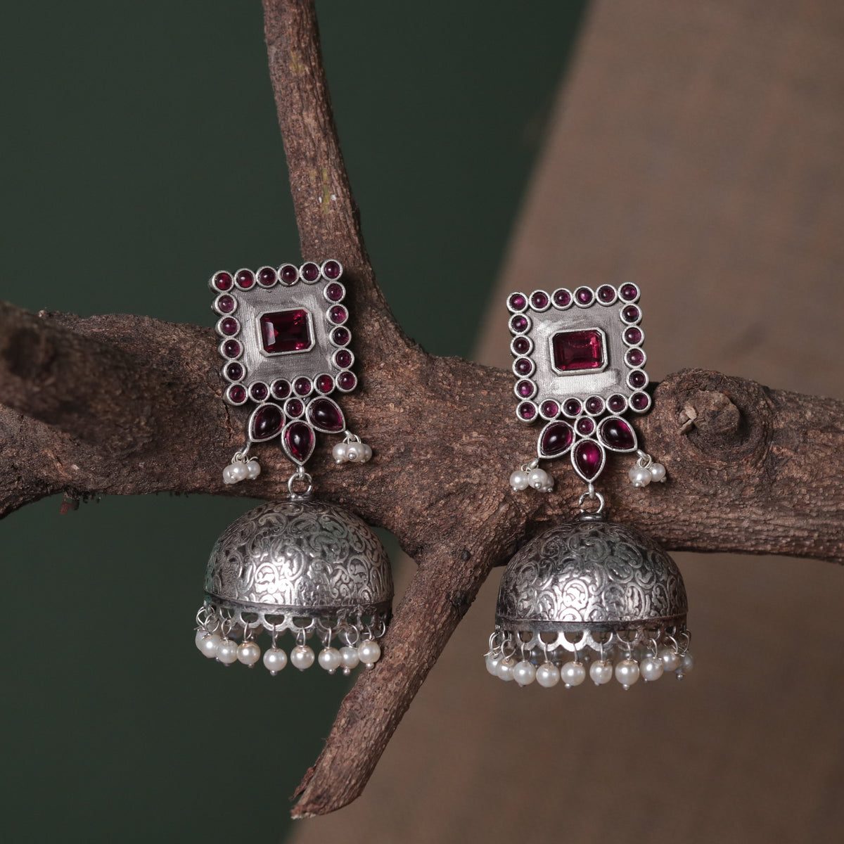 ROYAL SQUARE ELEGANCE FAUX SILVER SEMI-HANDMADE JHUMKAS ER36