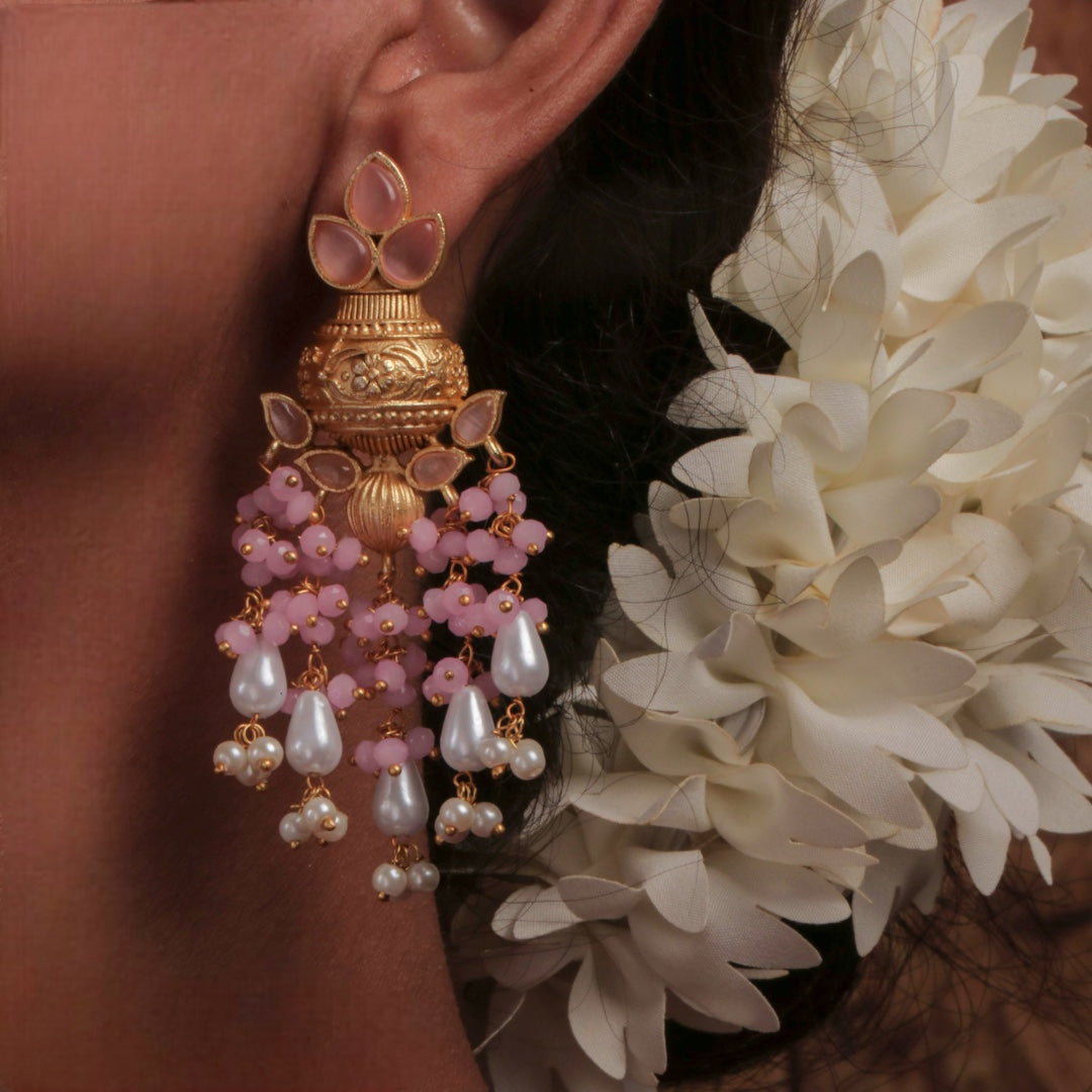 AQUARIUS SEMI HANDMADE MONOLISA AND BEADED GOLD-TONED EARRING -ER122