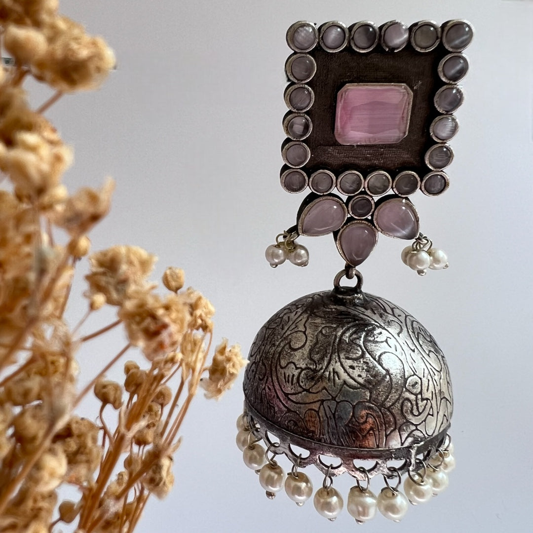 ROYAL SQUARE ELEGANCE FAUX SILVER SEMI-HANDMADE JHUMKAS ER36