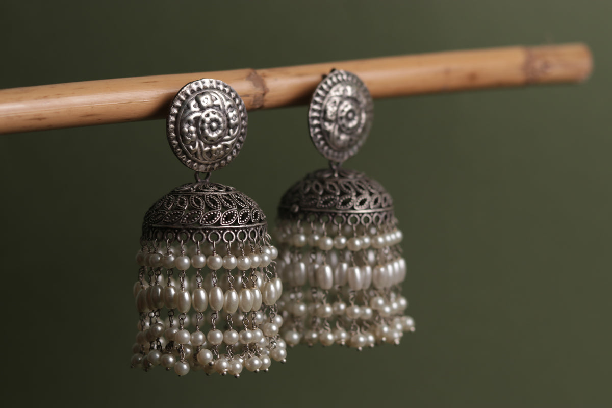 SAMANTHA FAUX SILVER HANDMADE RAW AND RUSTIC EARRINGS/JHUMAS ER57