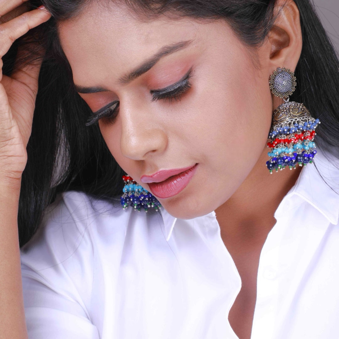 INKY ELEGANCE ANTIQUE SEMI-HANDMADE OXIDIZED JHUMKA ER56