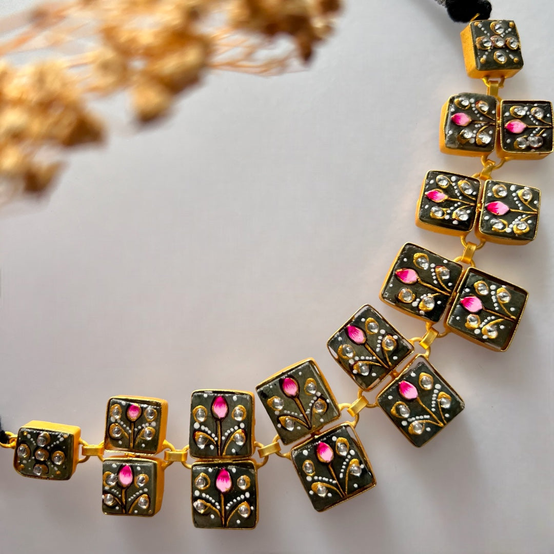 NIRAYA RAW STONE HAND PAINTED HANDMADE NECKPIECE WITH EARRINGS CH419