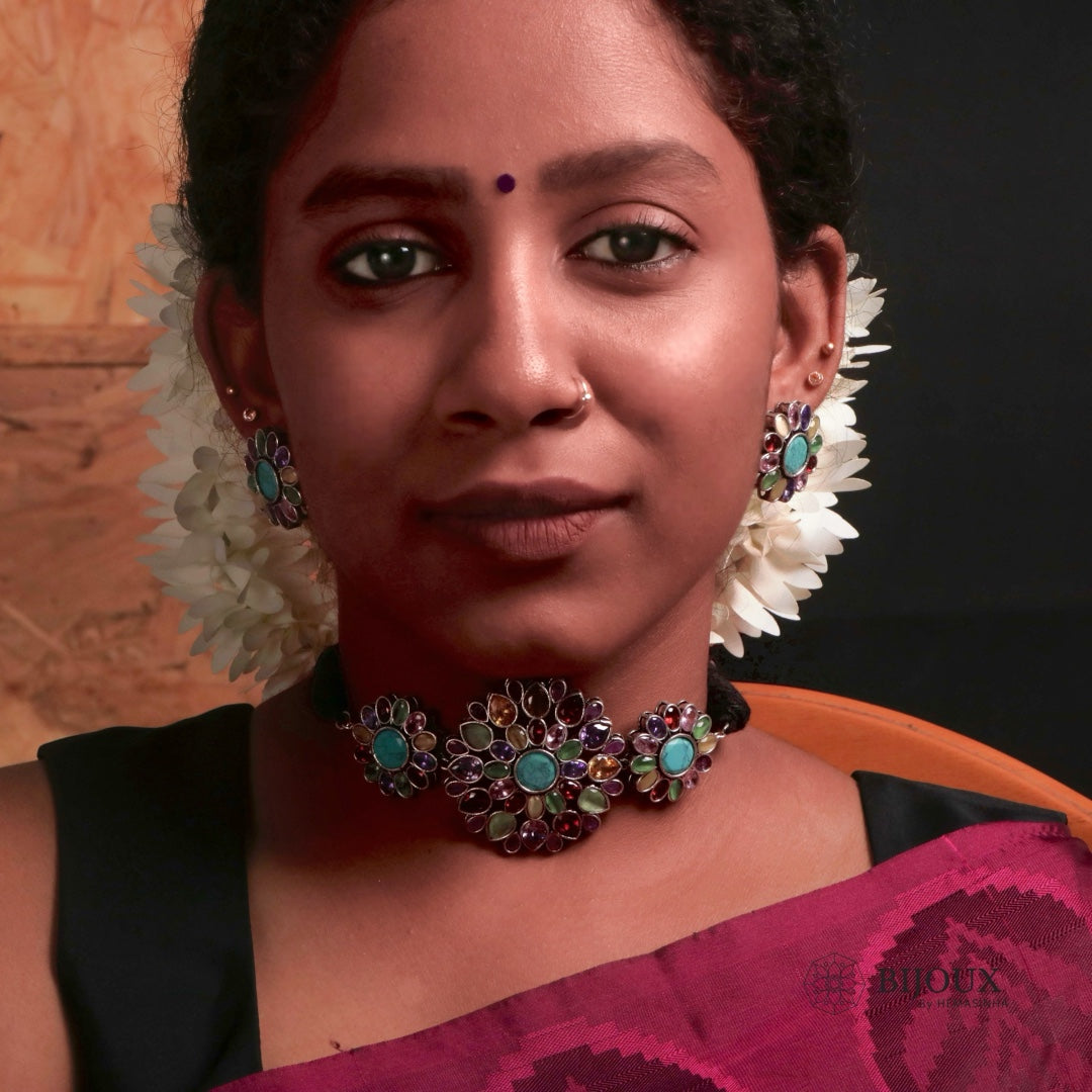 RICHU SILVER LOOK ALIKE RAW AND RUSTIC SEMI HANDMADE STATEMENT CHOKER / NECKPIECE CH56