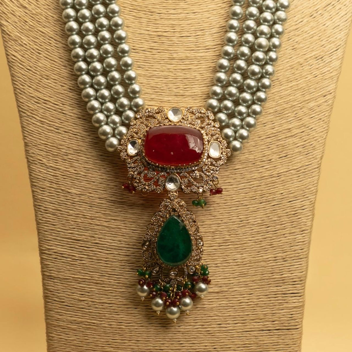 VINOBA BRIDAL PREMIUM DOUBLET STONE PEARL AND POLKI HANDMADE NECKLACE WITH EARRING NL306