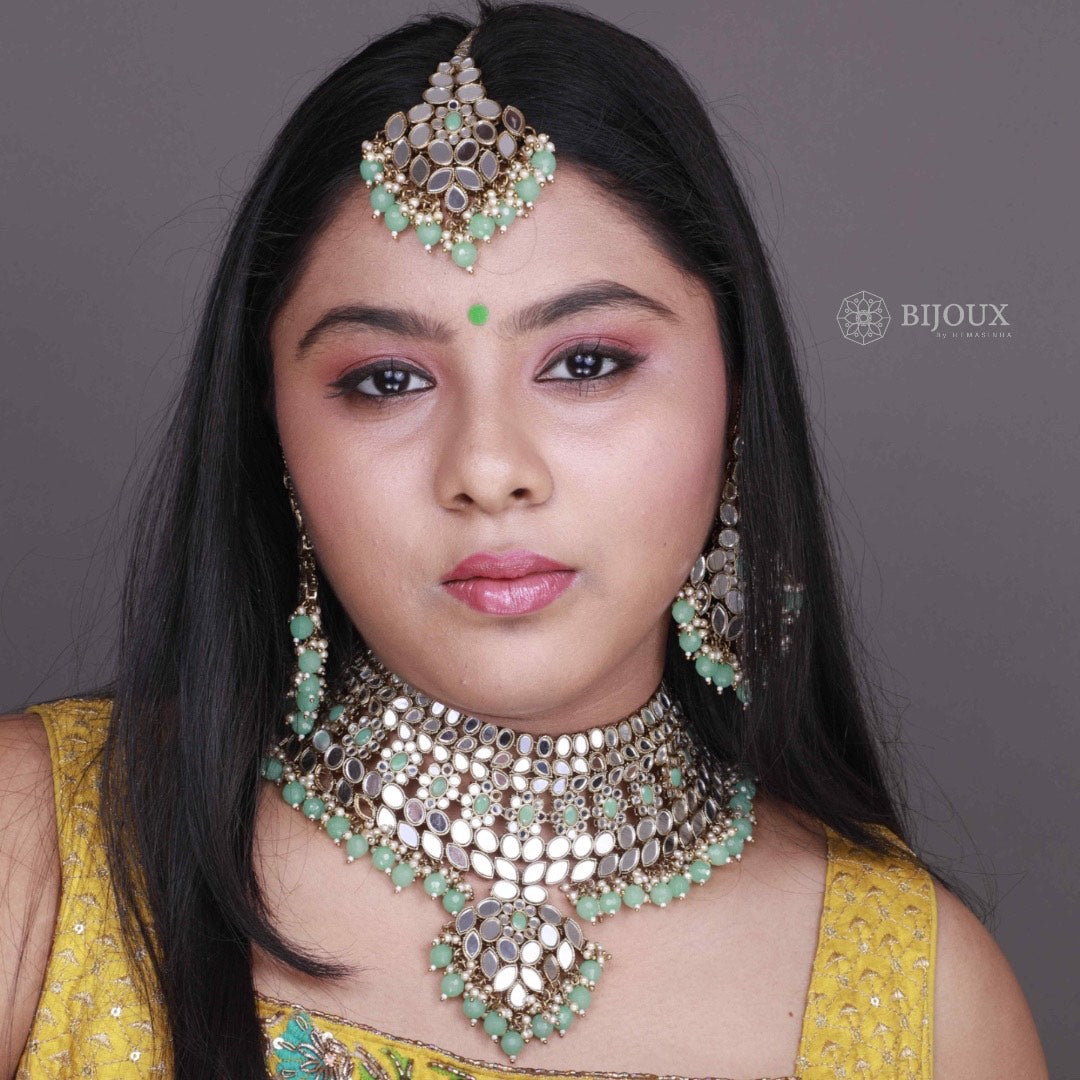 KIRANYA MIRROR SEMI HANDMADE NECKLACE WITH EARRING AND TIKKA NL203