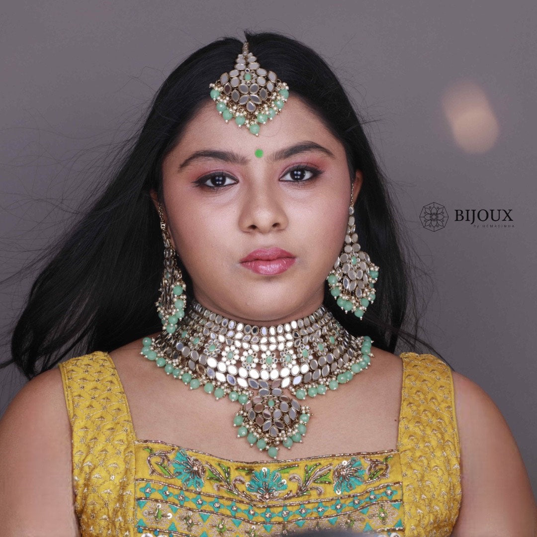 KIRANYA MIRROR SEMI HANDMADE NECKLACE WITH EARRING AND TIKKA NL203