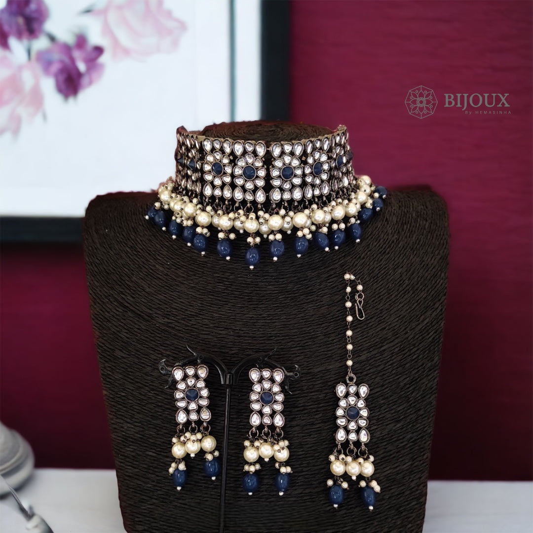 RIYA FAUX KUNDAN BLACK POLISH CHOKER WITH EARRINGS CH340