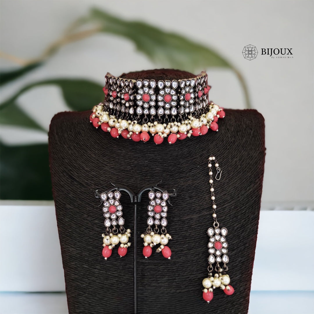 RIYA FAUX KUNDAN BLACK POLISH CHOKER WITH EARRINGS CH340
