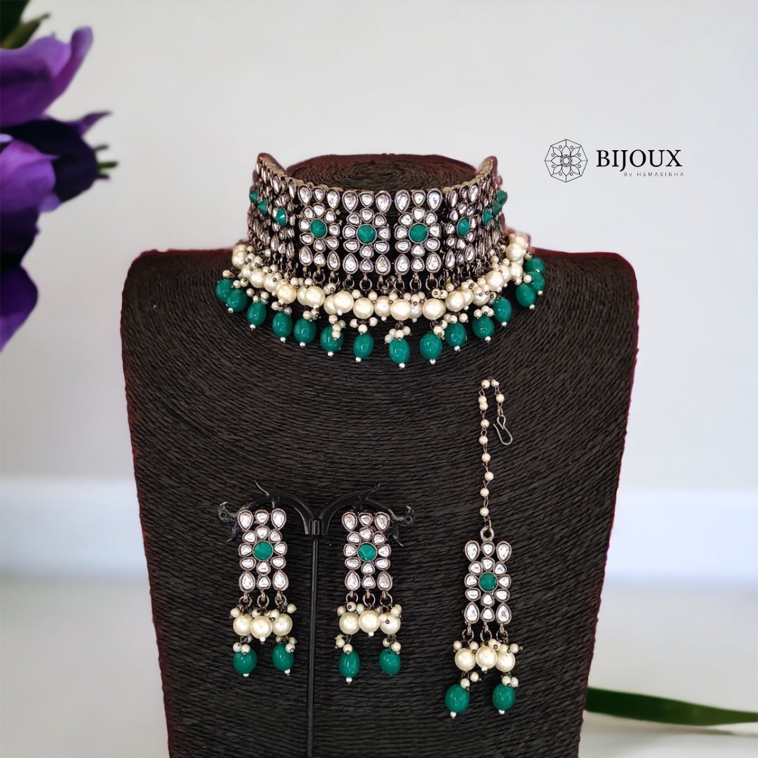 RIYA FAUX KUNDAN BLACK POLISH CHOKER WITH EARRINGS CH340