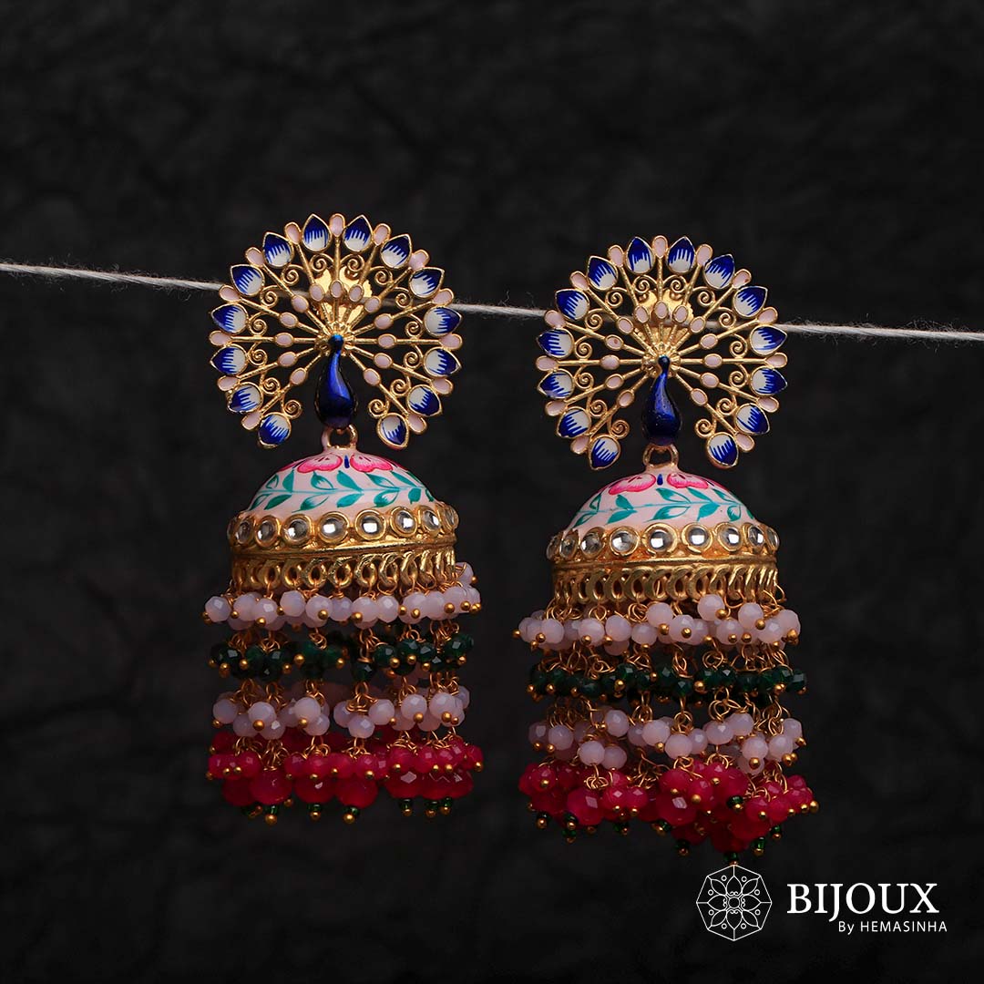 MIRA GOLD TONE SEMI HANDMADE MEENAKARI EARRINGS/JHUMKAS ER603