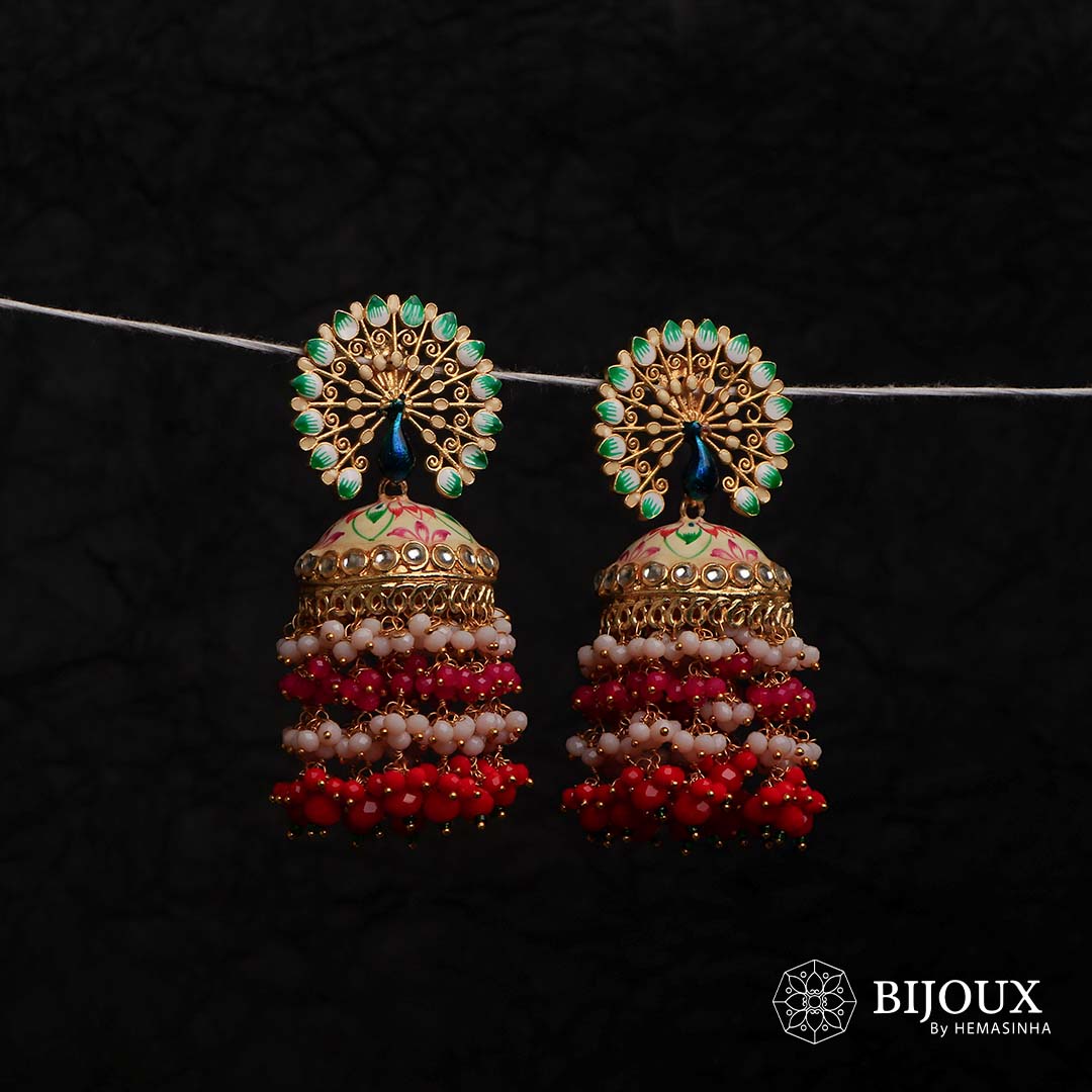 MIRA GOLD TONE SEMI HANDMADE MEENAKARI EARRINGS/JHUMKAS ER603