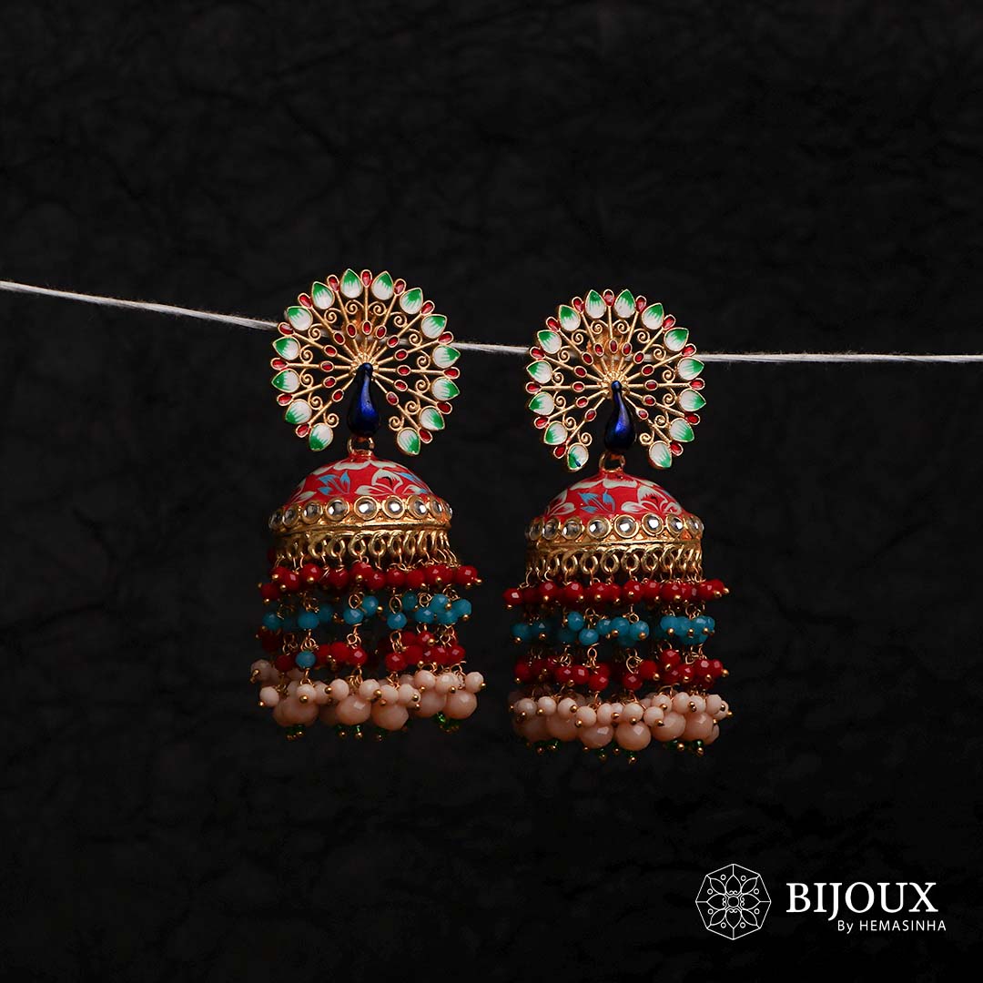 MIRA GOLD TONE SEMI HANDMADE MEENAKARI EARRINGS/JHUMKAS ER603