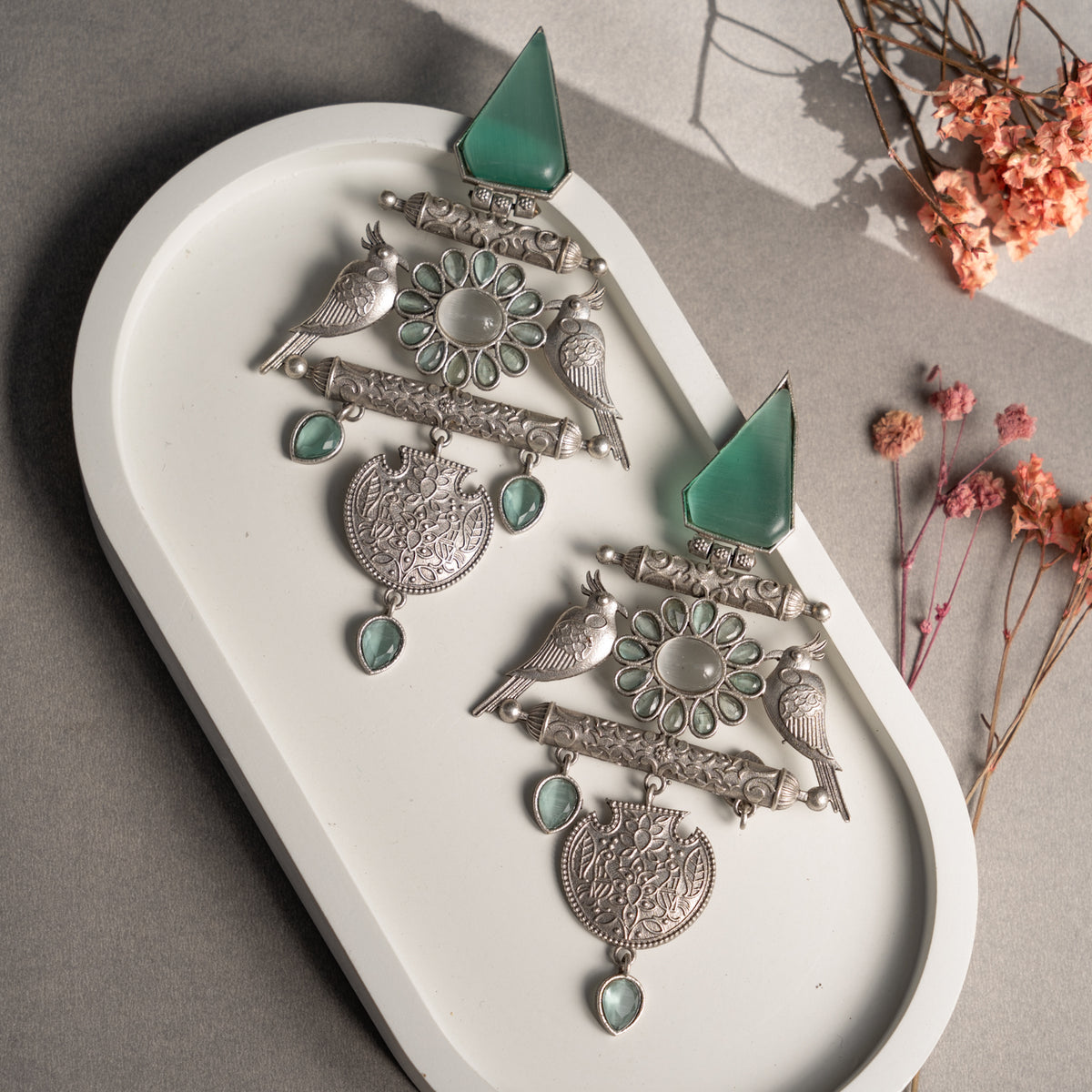 ANVI FAUX SILVER RAW AND RUSTIC MONALISA STONE HANDMADE EARRINGS ER722