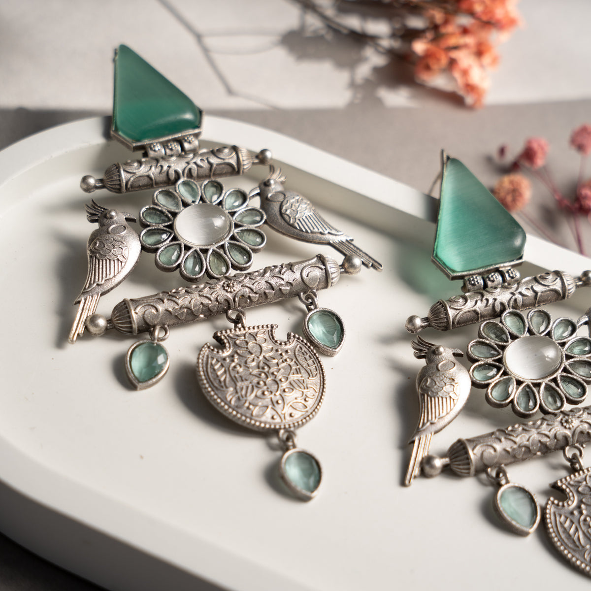 ANVI FAUX SILVER RAW AND RUSTIC MONALISA STONE HANDMADE EARRINGS ER722