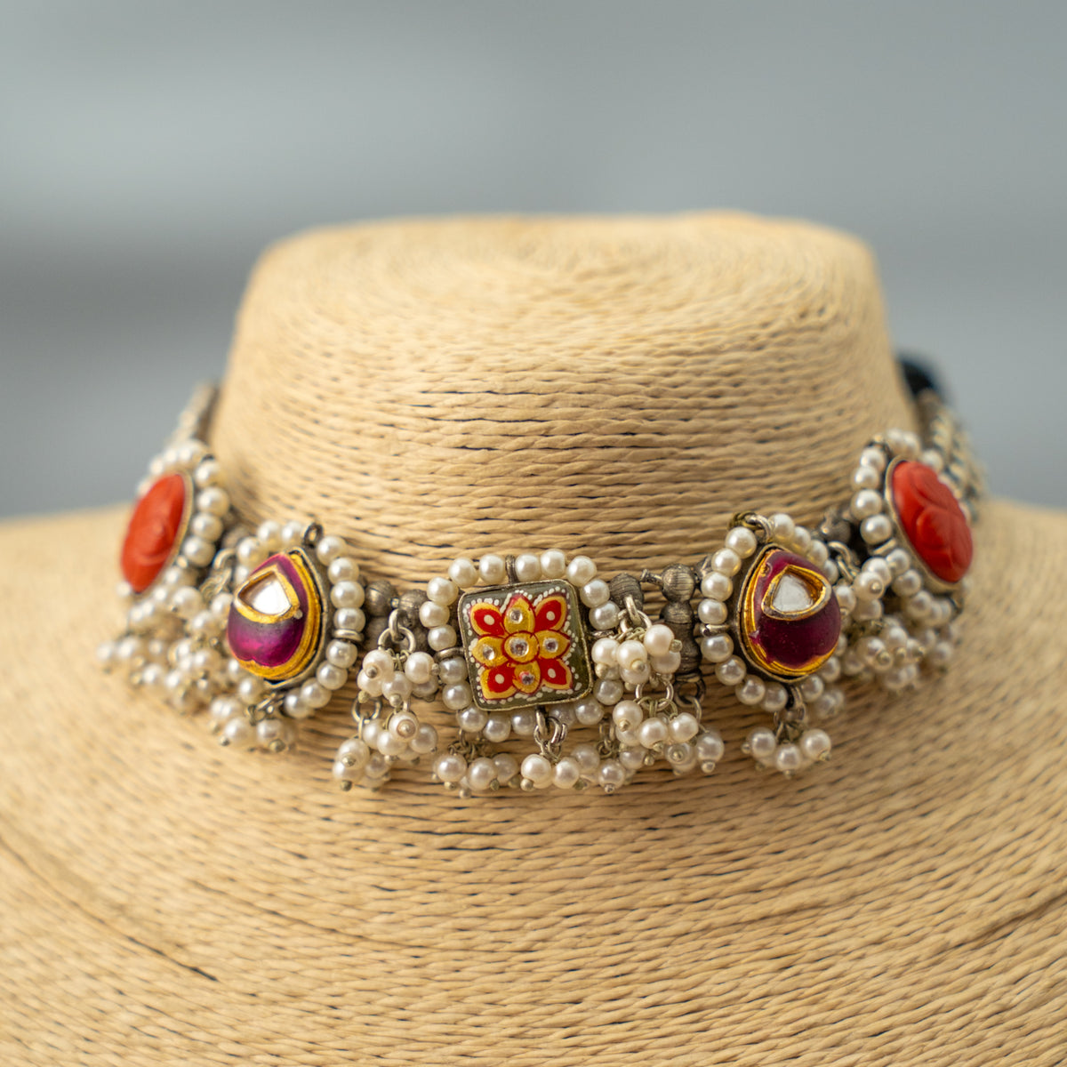 FANG BIJOUX PREMIUM AND EXCLUSIVE FAUX SILVER SEMI HANDMADE CHOKER WITH EARRINGS CH409