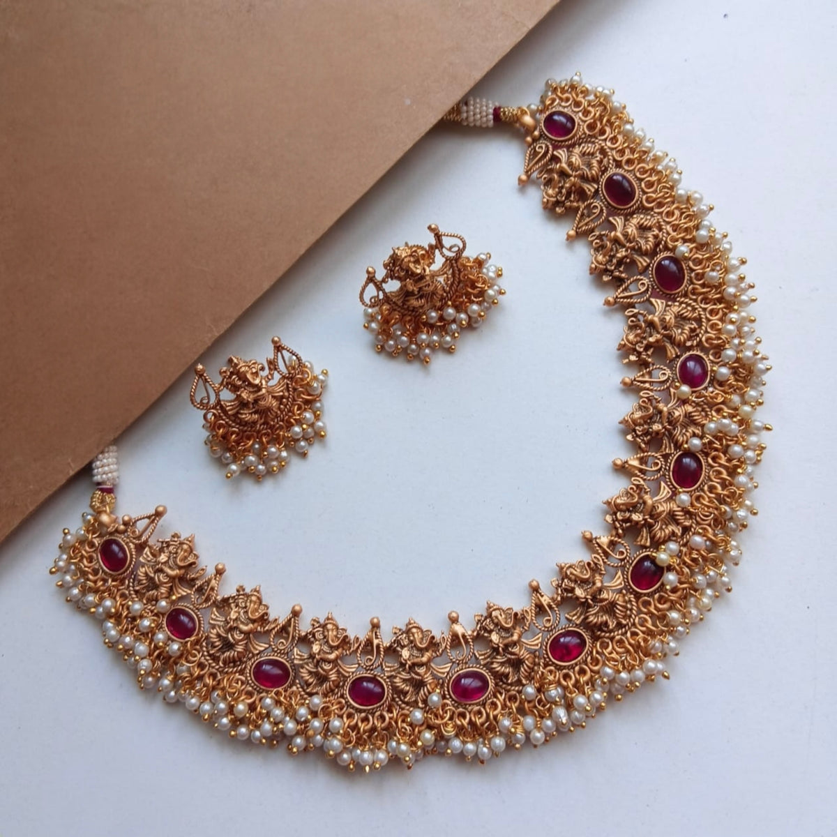 VEDHA TEMPLE GOLD TONED ANTIQUE FINISH NECKLACE WITH EARRINGS NL176