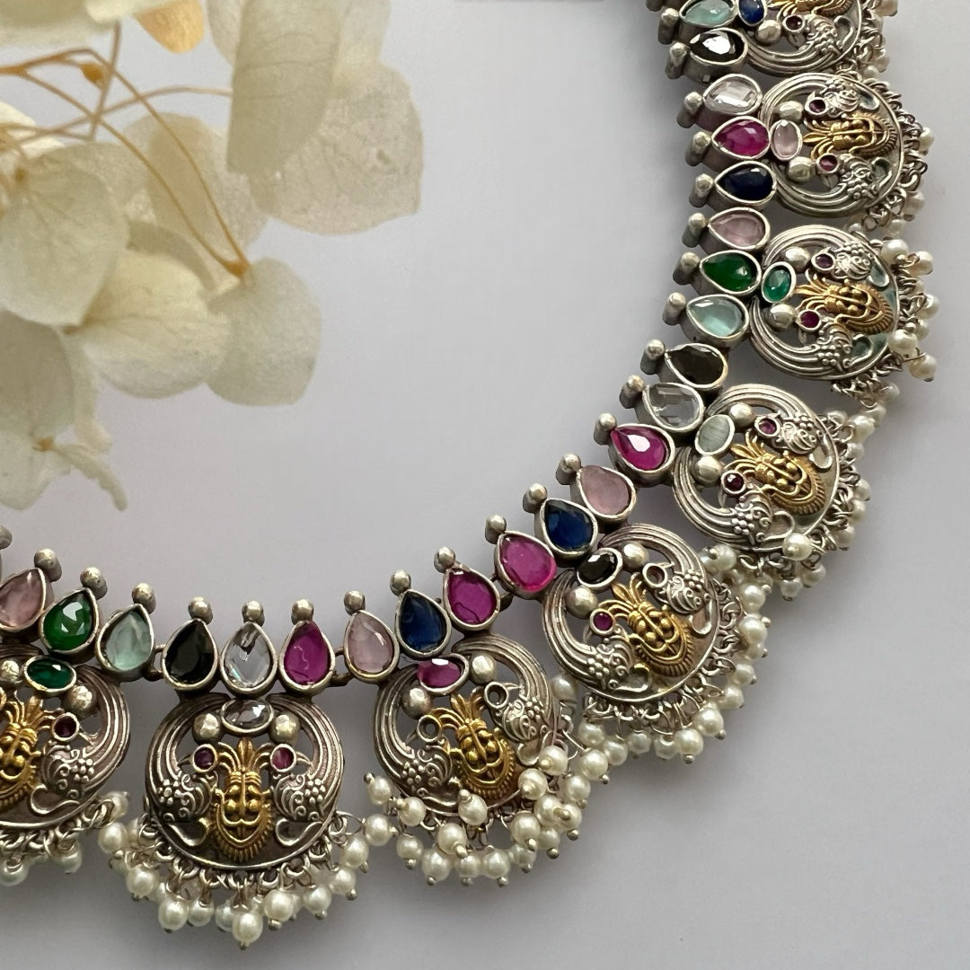 VIKIRA FAUX SILVER PREMIUM SEMI HANDMADE NECKLACE WITH EARRINGS NL128