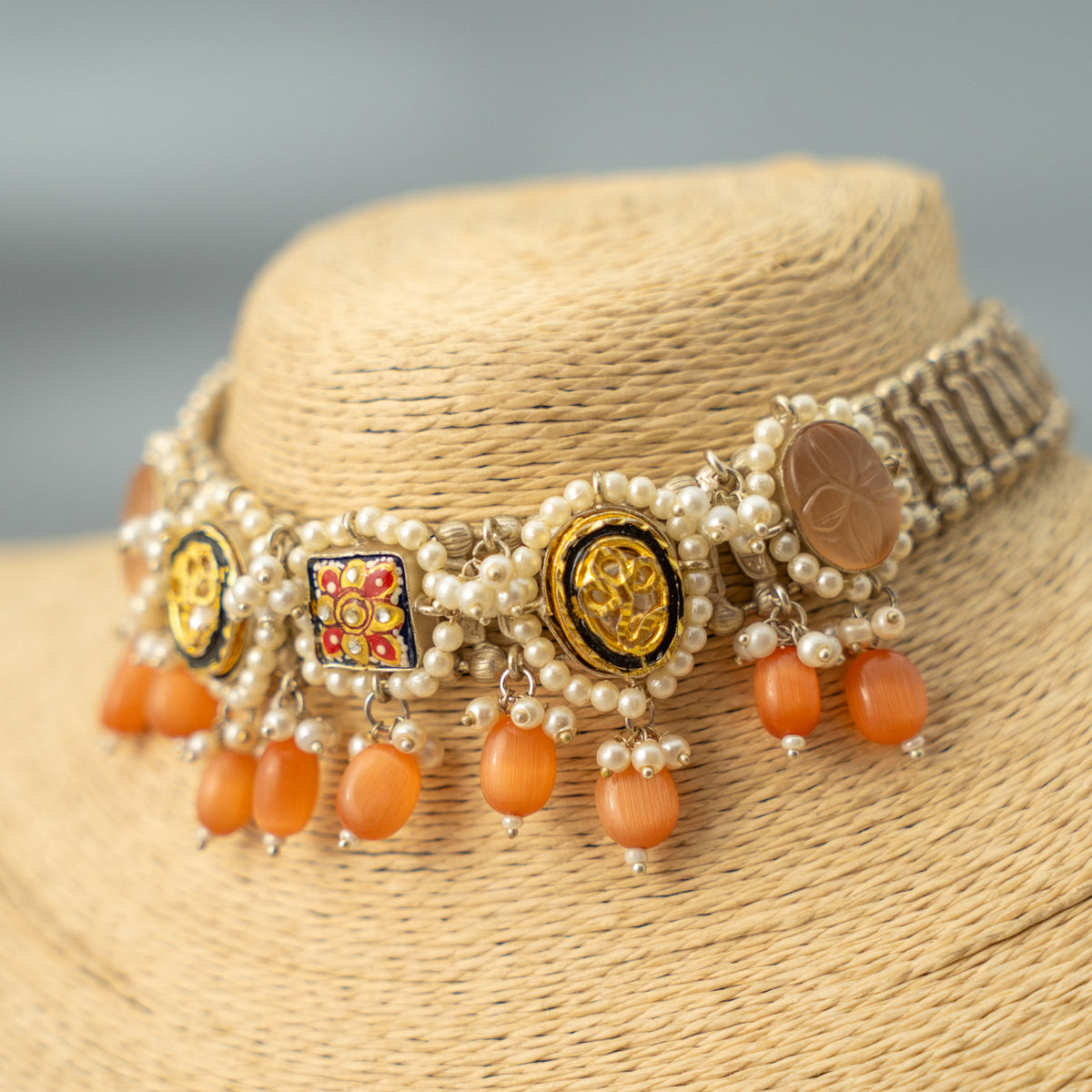 FANG BIJOUX PREMIUM AND EXCLUSIVE FAUX SILVER SEMI HANDMADE CHOKER WITH EARRINGS CH409