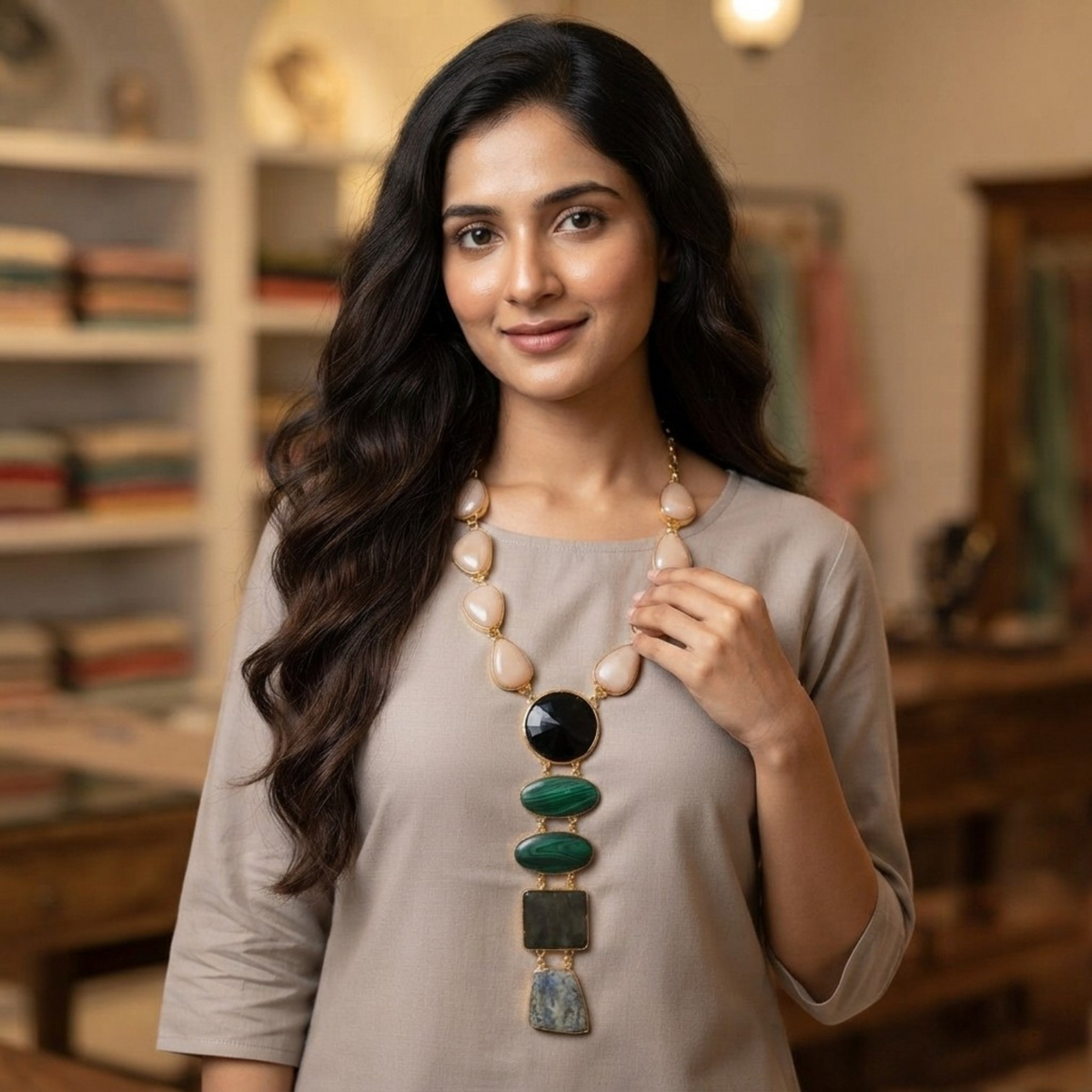 ANSHIKA HANDMADE  RAW NATURAL STONE AND RESIN MALA/NECKPIECE ML219