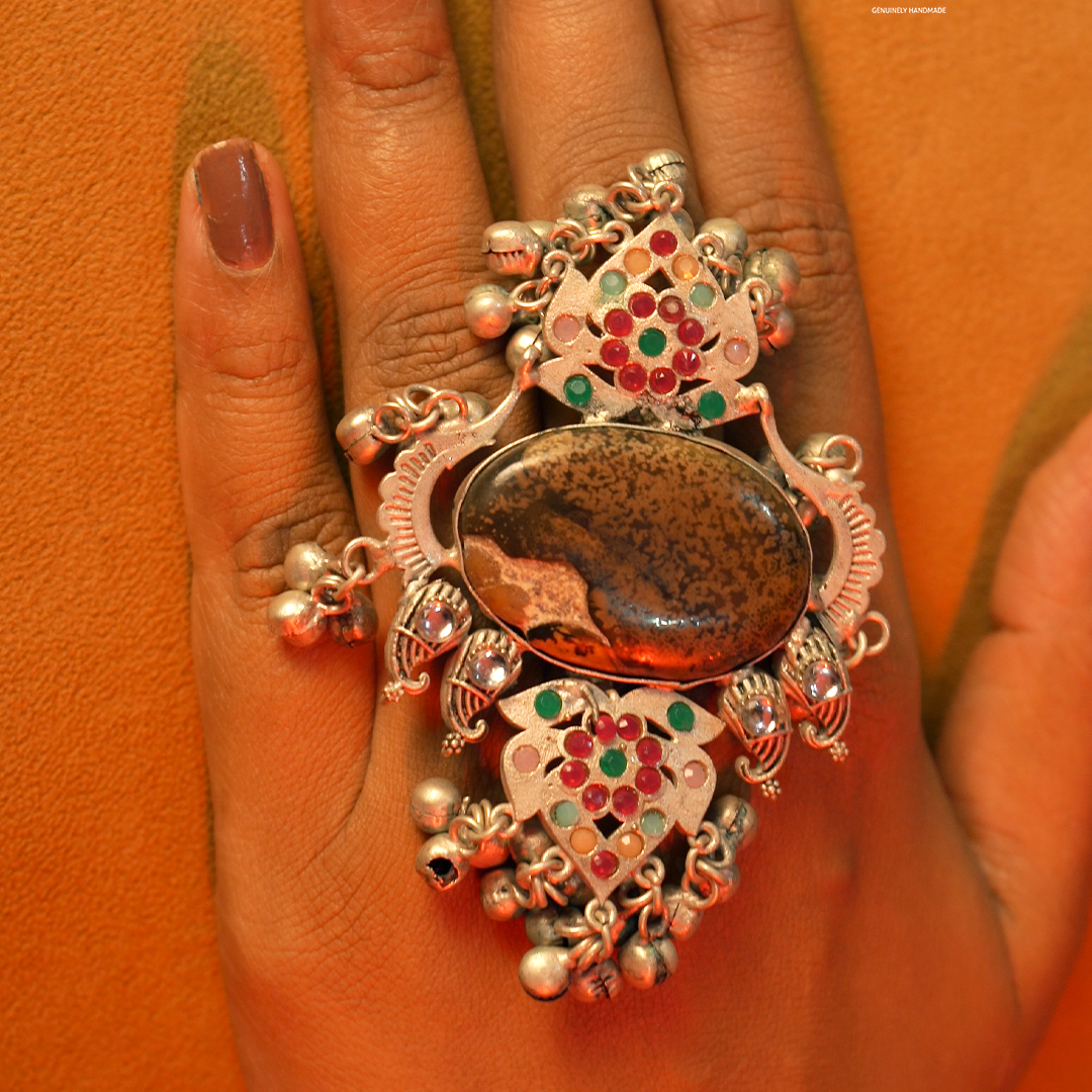 NIRAA PREMIUM HANDMADE NATURAL STONES SILVER POLISH RING R58