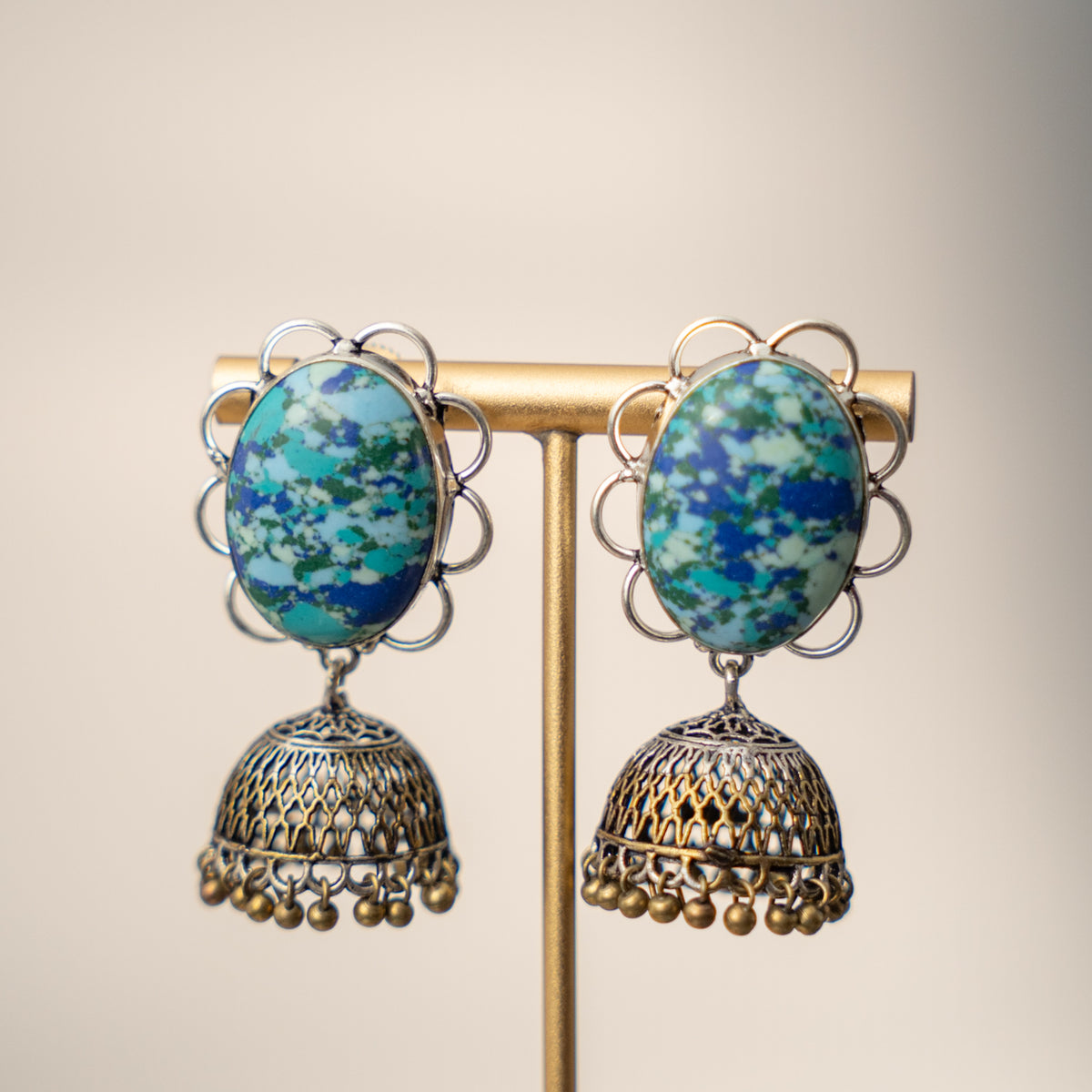 NAYOMIKA SEMI HANDMADE OXIDIZED AND NATURAL STONE JHUMKAS/EARRINGS ER469