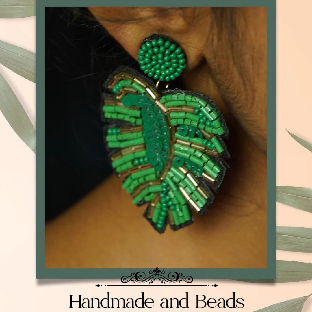 LEAFY LEAF FABRIC AND BEADS HANDMADE EARRING ER501