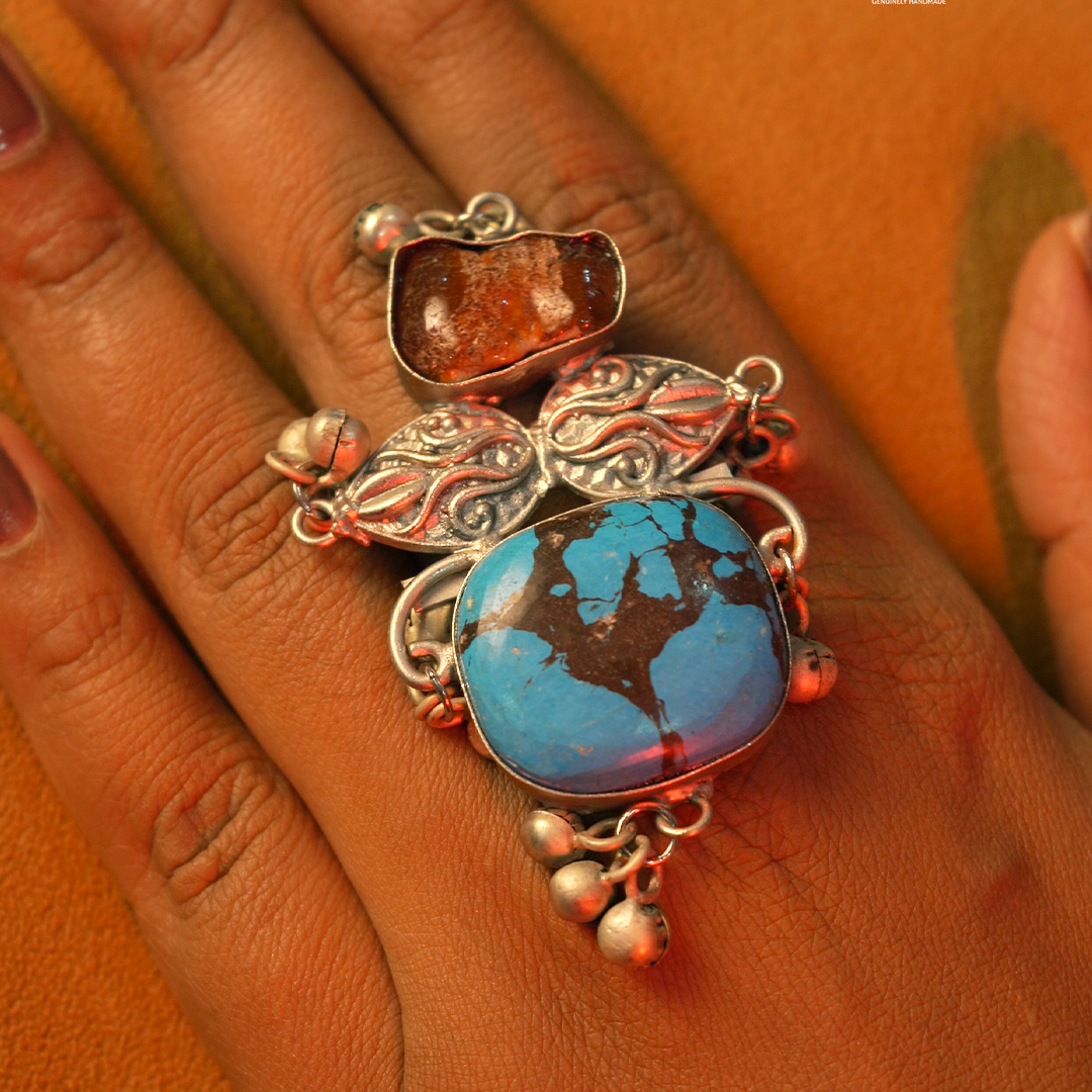 SUNAYA PREMIUM HANDMADE NATURAL STONES SILVER POLISH RING R55