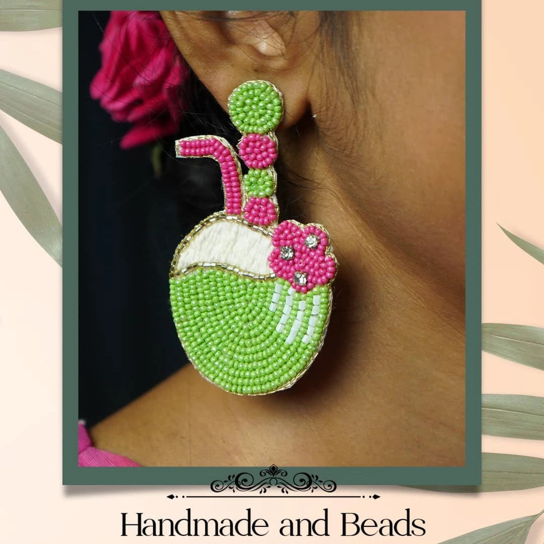 CO CO GREEN FABRIC AND BEADS HANDMADE AND HAND STITCHED EARRING ER500