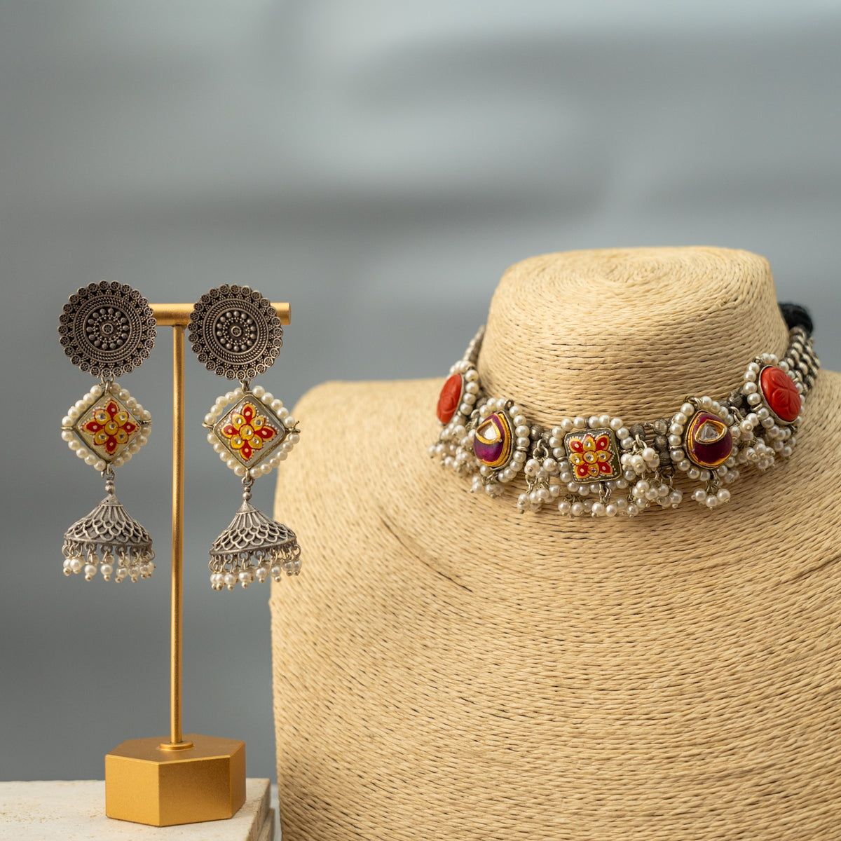 FANG BIJOUX PREMIUM AND EXCLUSIVE FAUX SILVER SEMI HANDMADE CHOKER WITH EARRINGS CH409