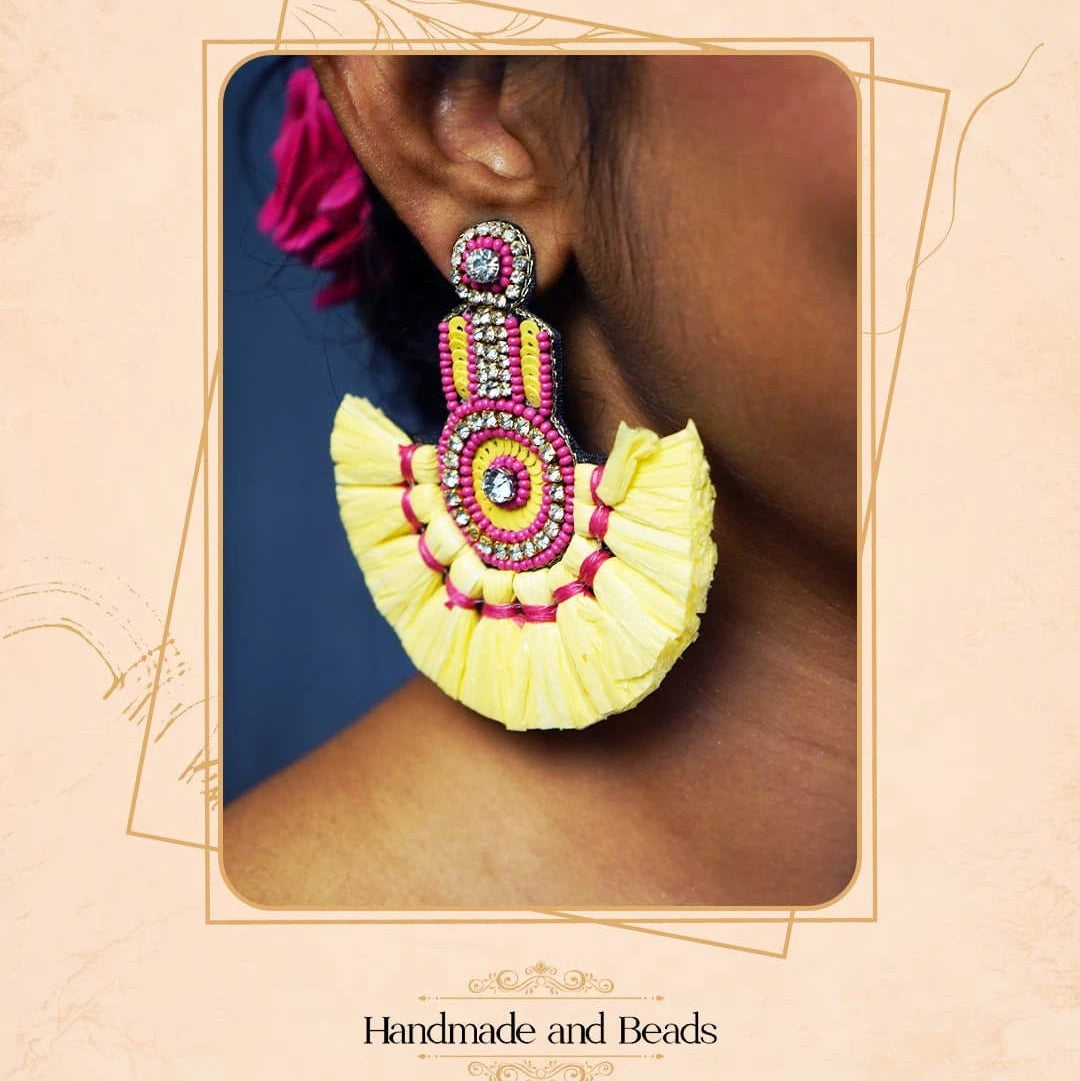 FLORAL STRAW FABRIC AND BEADS HANDMADE EARRING ER505