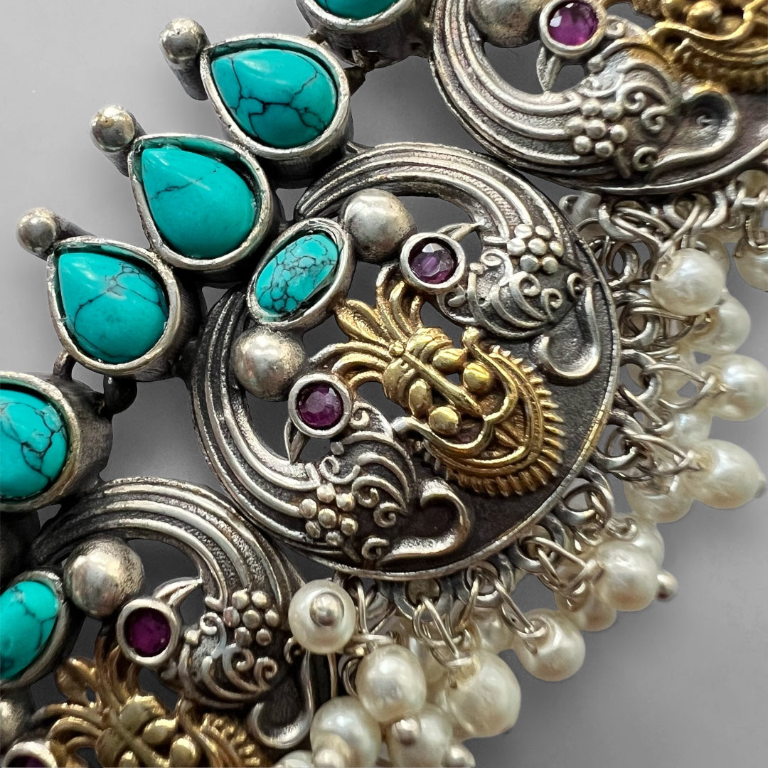 VIKIRA FAUX SILVER PREMIUM SEMI HANDMADE NECKLACE WITH EARRINGS NL128