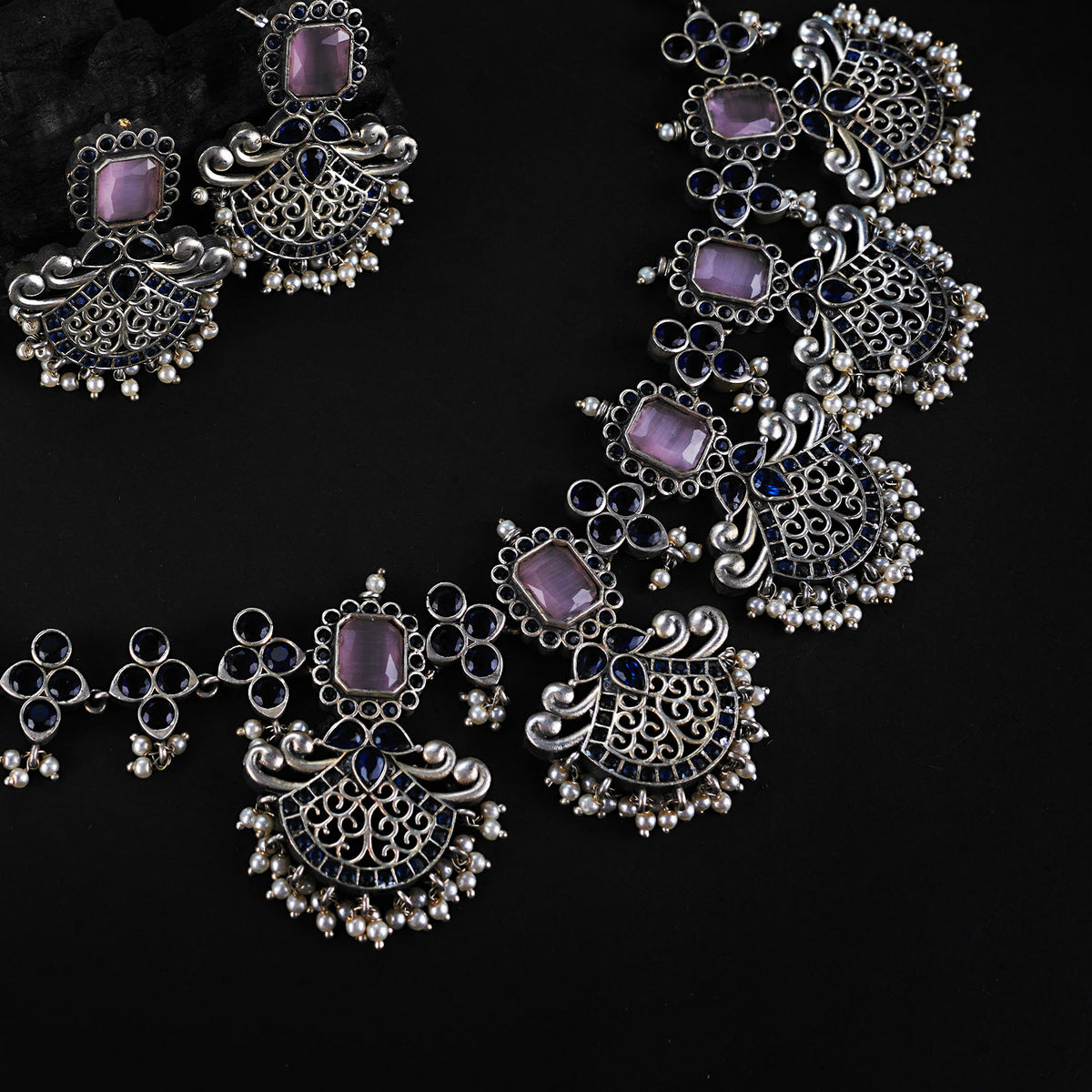 NIMISHA FAUX SILVER PREMIUM SEMI HANDMADE NECKLACE WITH EARRINGS NL126