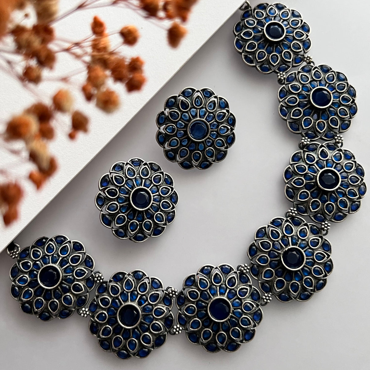 BRUNDHA FAUX SILVER SEMI HANDMADE ANTIQUE NECKPIECE/NECKLACE WITH EARRING NL262