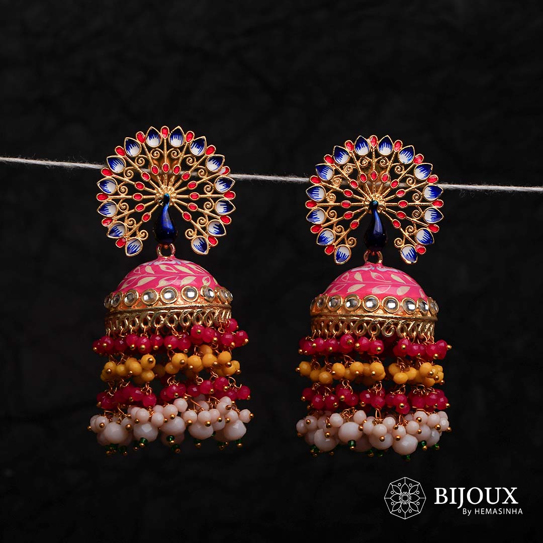 MIRA GOLD TONE SEMI HANDMADE MEENAKARI EARRINGS/JHUMKAS ER603