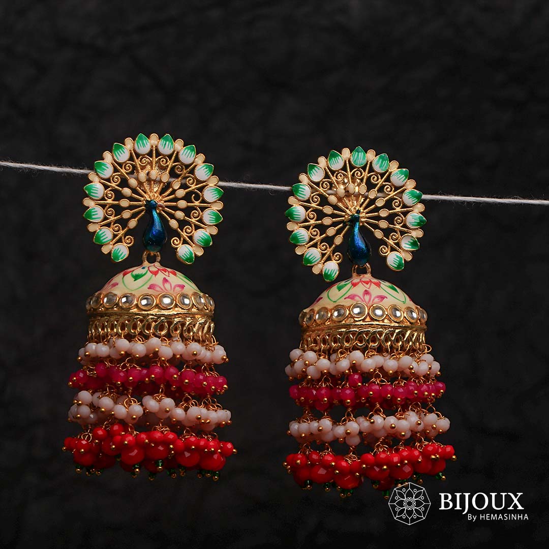 MIRA GOLD TONE SEMI HANDMADE MEENAKARI EARRINGS/JHUMKAS ER603