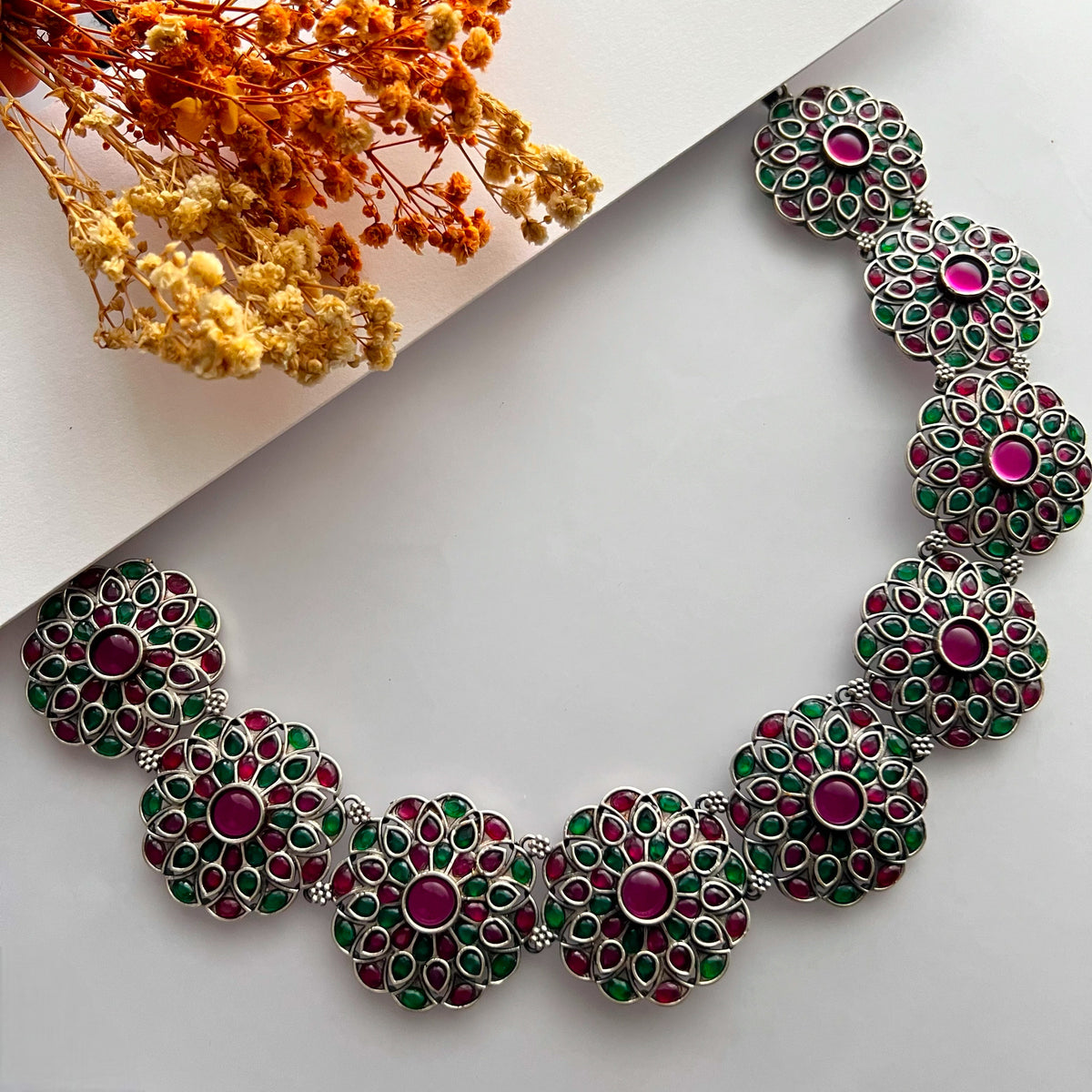 BRUNDHA FAUX SILVER SEMI HANDMADE ANTIQUE NECKPIECE/NECKLACE WITH EARRING NL262