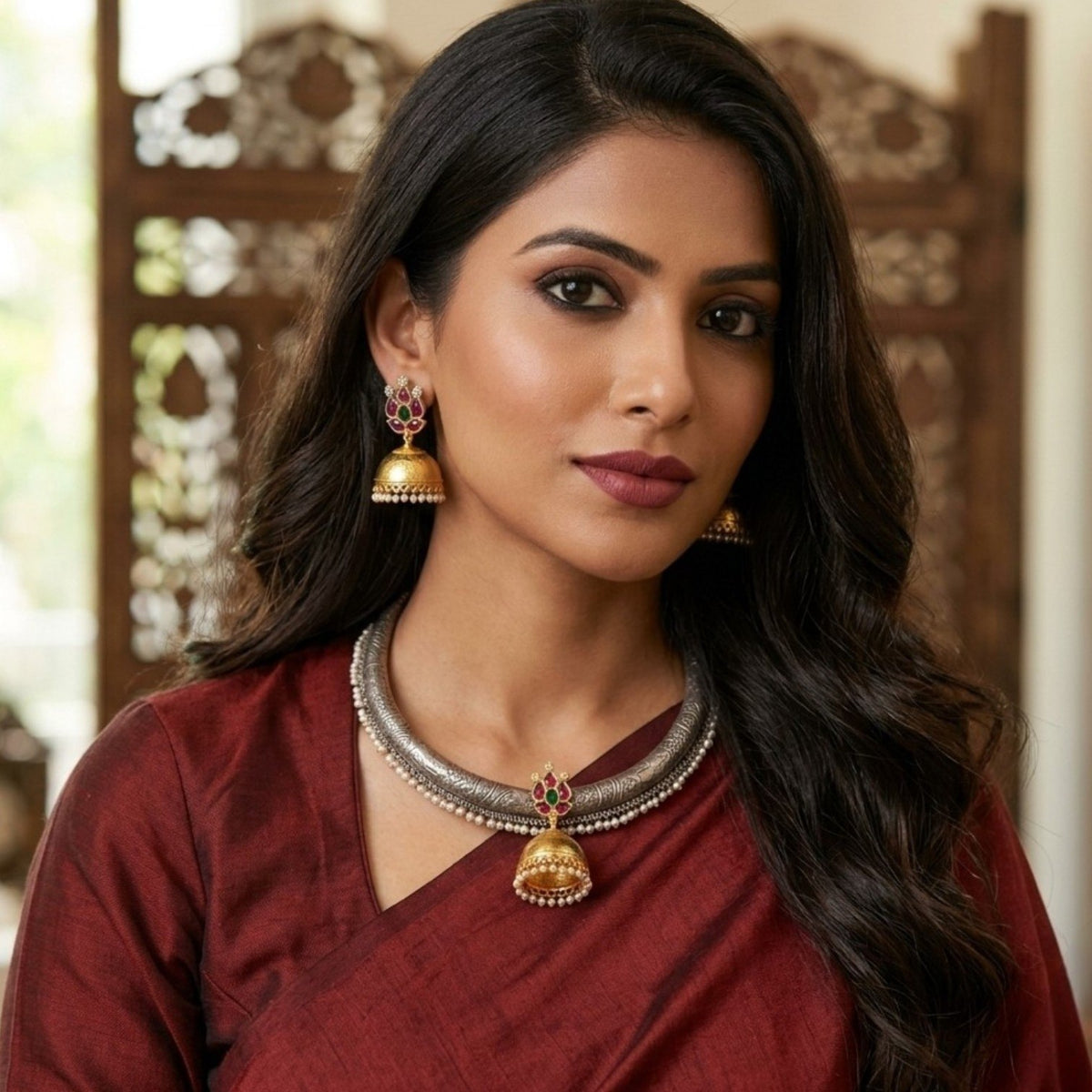 RITHVIKA BIJOUX PREMIUM DUAL TONED HANDMADE NECKLACE/HASLI WITH EARRINGS NL352