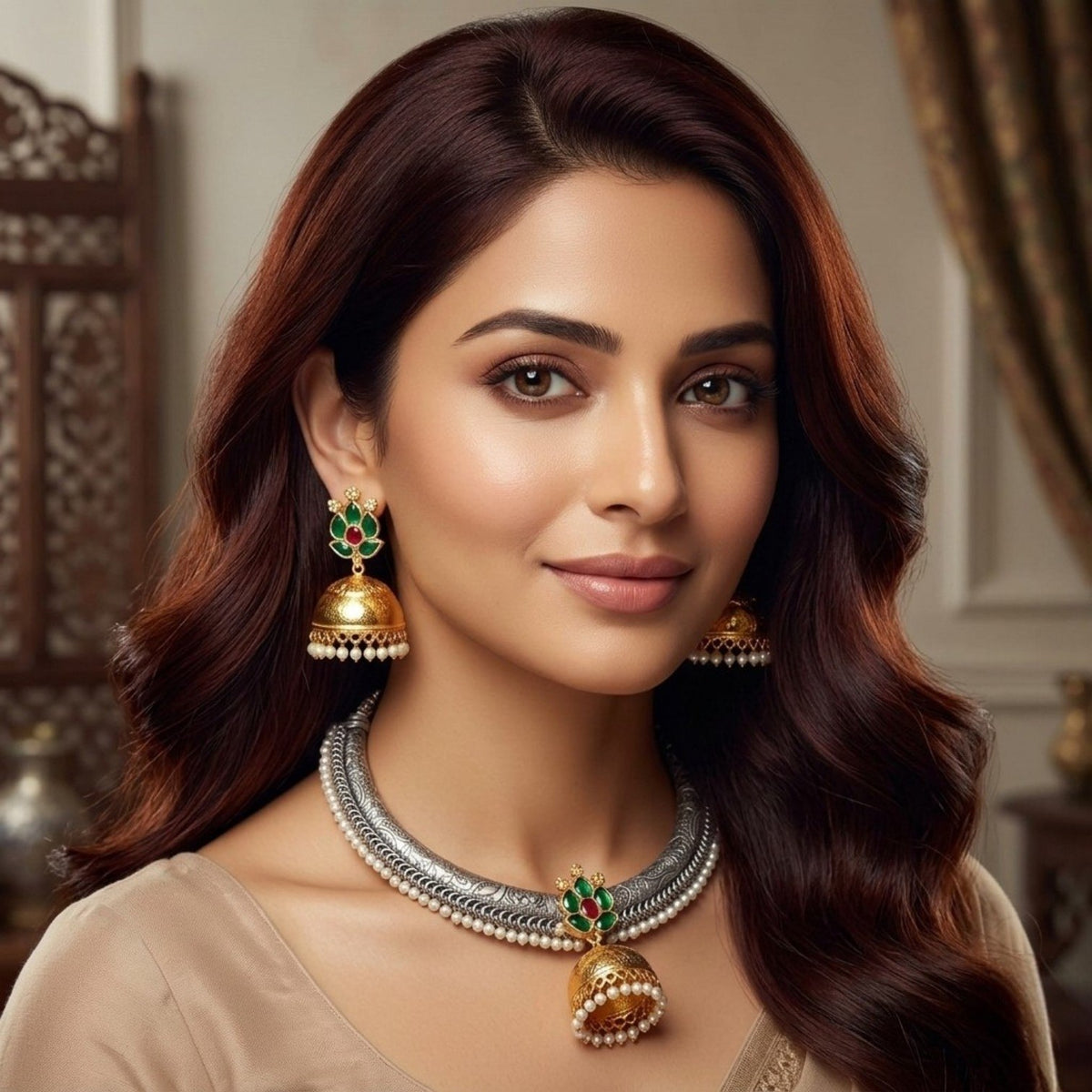 RITHVIKA BIJOUX PREMIUM DUAL TONED HANDMADE NECKLACE/HASLI WITH EARRINGS NL352