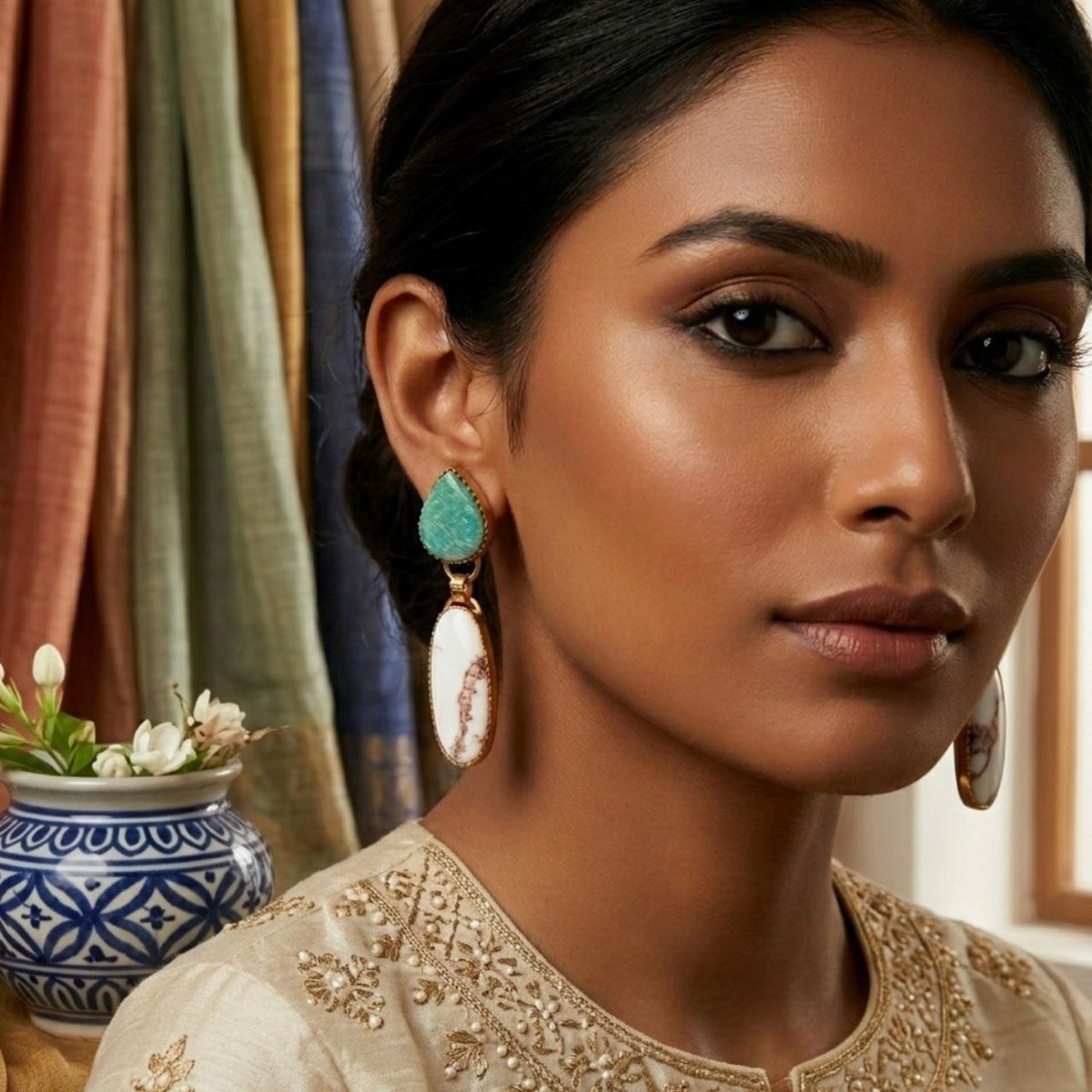 RIHANNA HANDMADE NATURAL STONE GOLD TONED DANGLERS/EARRINGS ER953