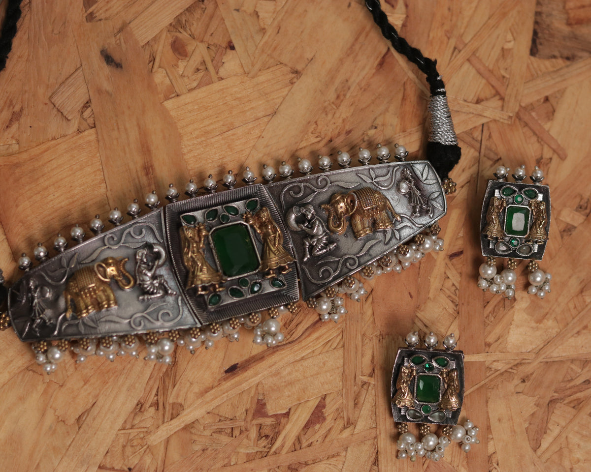 SUGIR BIJOUX PREMIUM DUAL TONED SEMI HANDMADE CHOKER WITH EARRINGS CH69