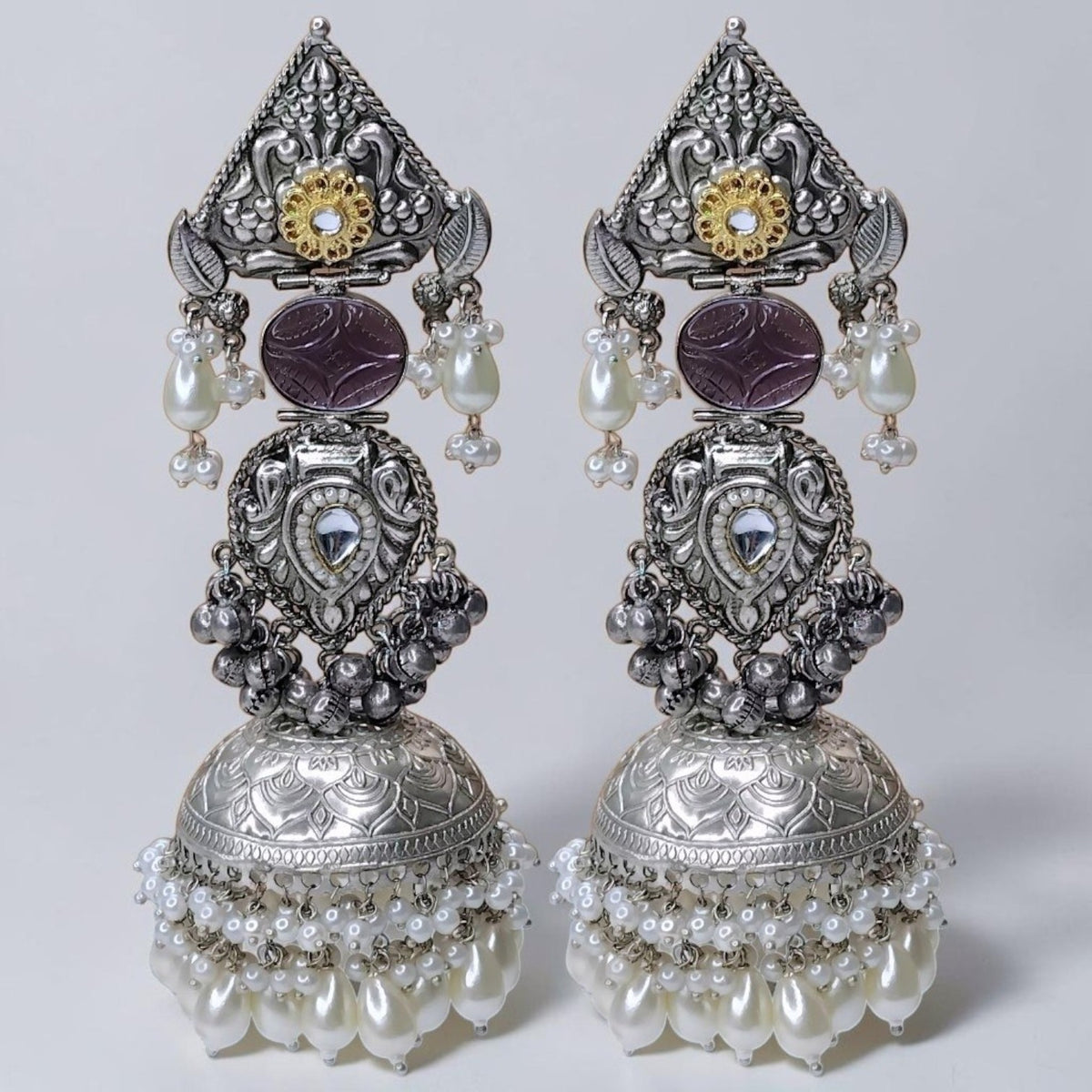 KRITHI SILVER LOOK ALIKE DUAL-TONED SILVER POLISH HANDMADE JUMBO JHUMKA ER572